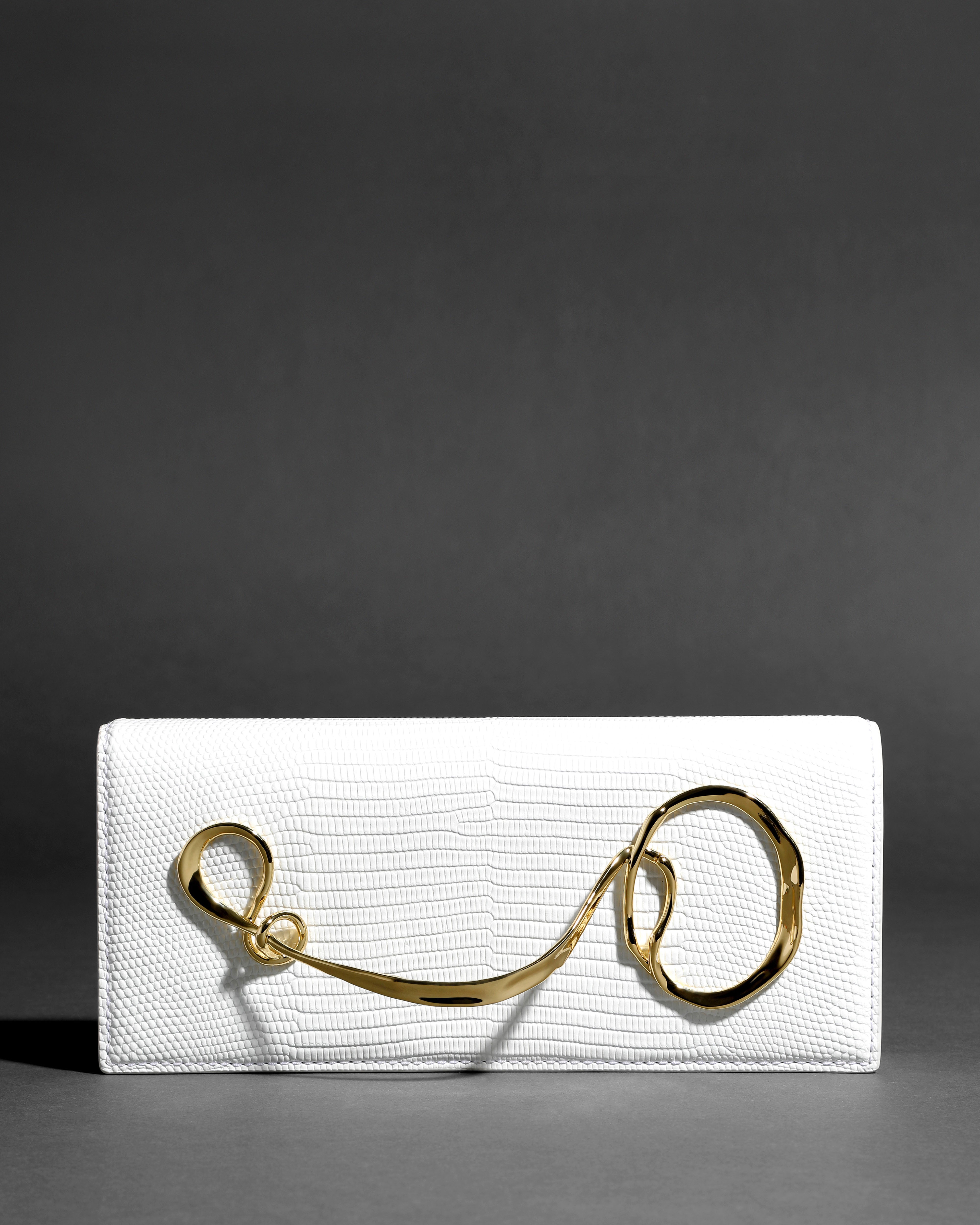 White Twisted Gold Side Handle Clutch Purse | White Lizard Leather