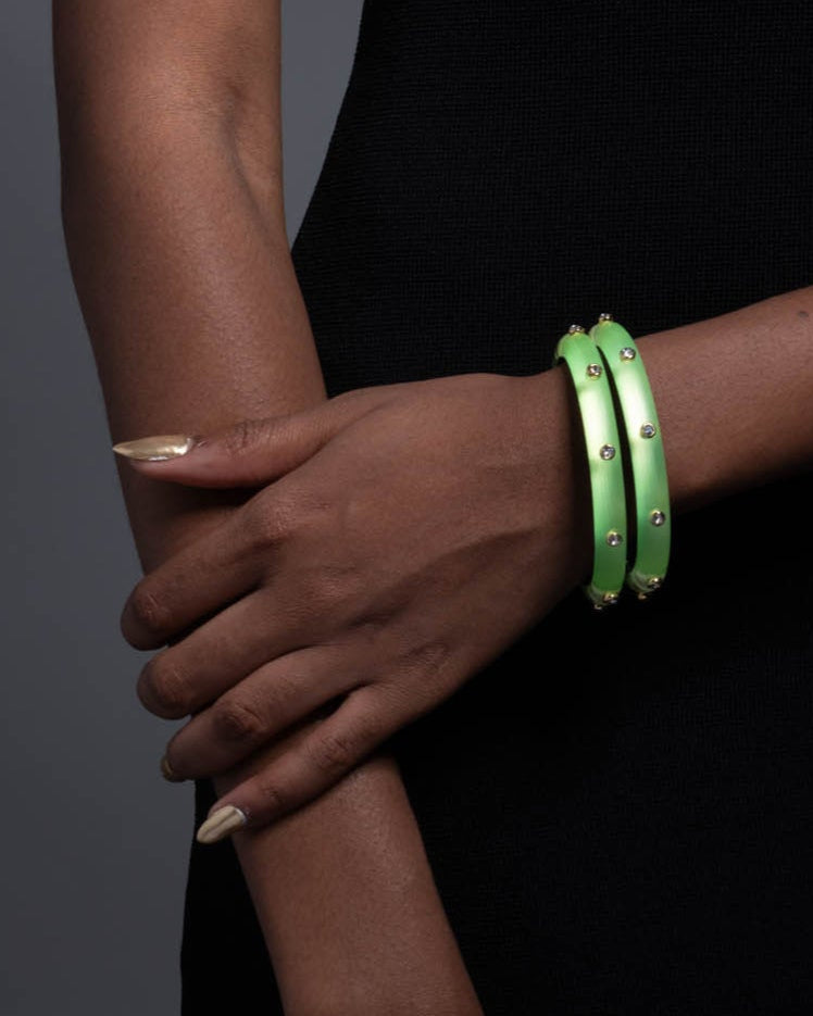 Crystal Studded Lucite Hinge Bracelet- Neon Green - Photo 2