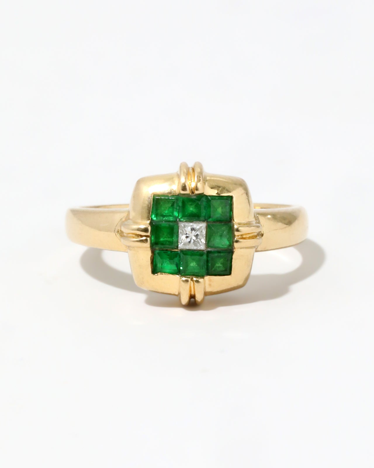 Vintage 18k Gold Emerald and Diamond Geometric Ring - Photo 2
