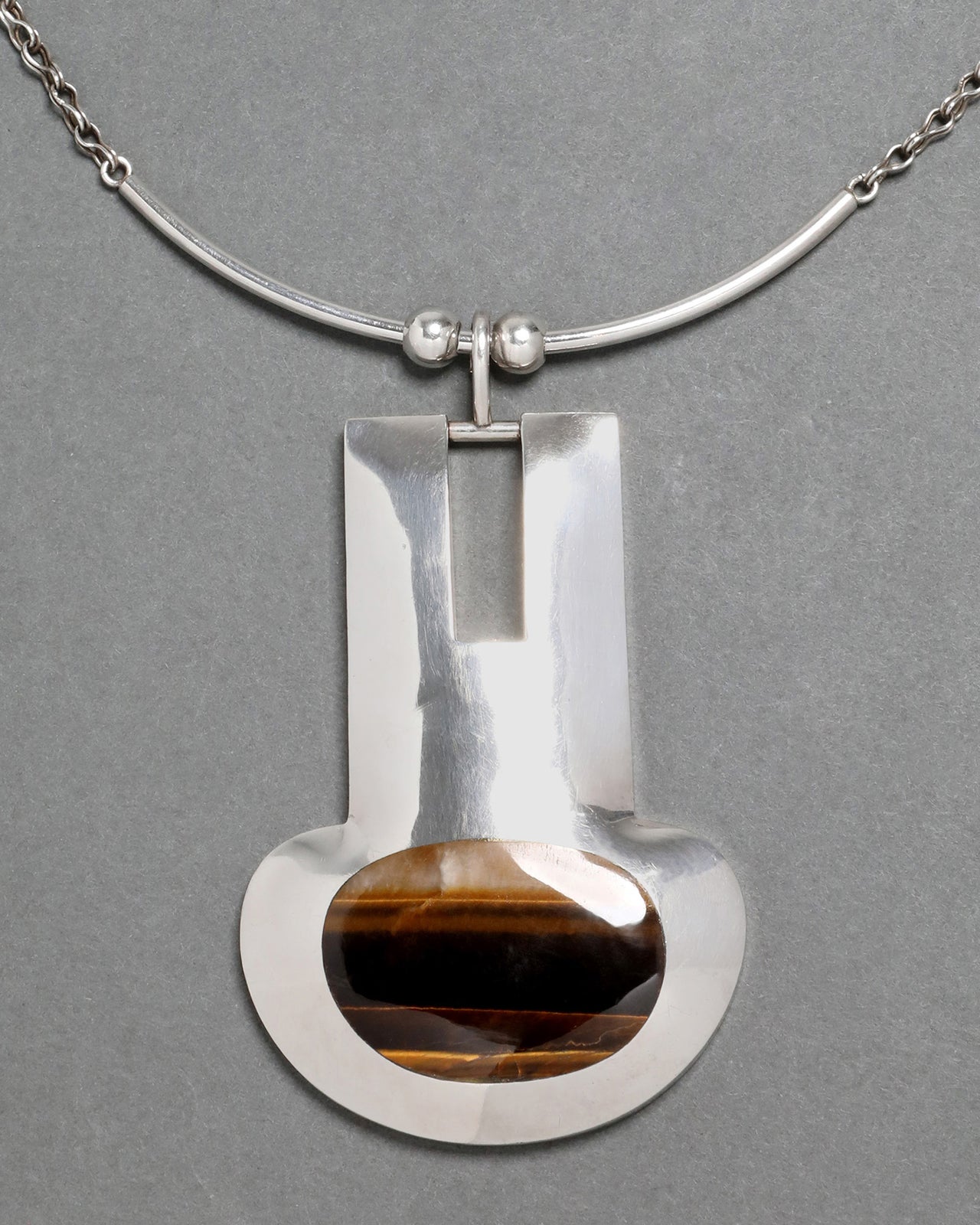 Vintage 1970s Sterling Silver Tigers Eye Pendant Necklace - Photo 2
