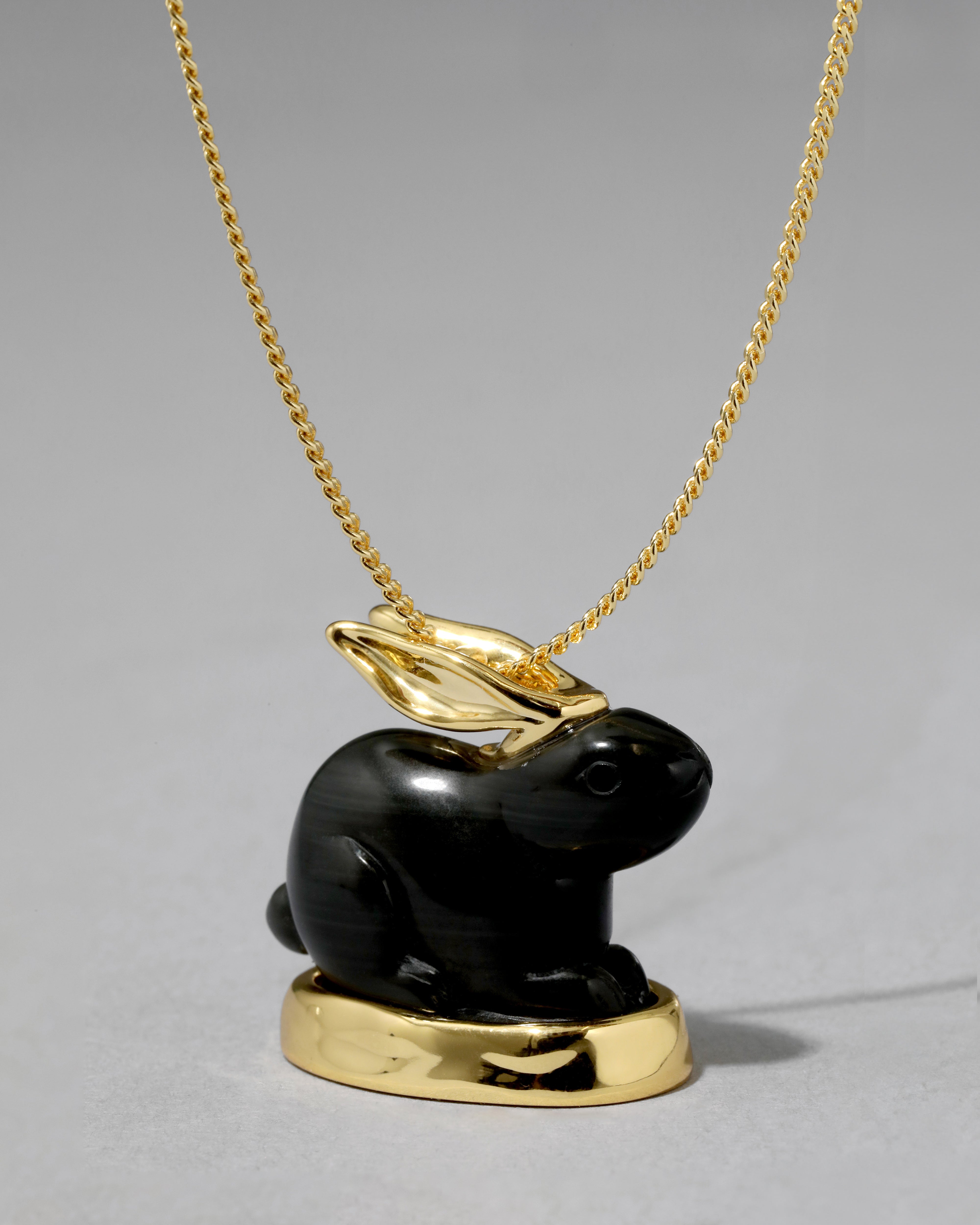 Bunny Obsidian Pendant Necklace 14k Gold Plated Bunny Necklace