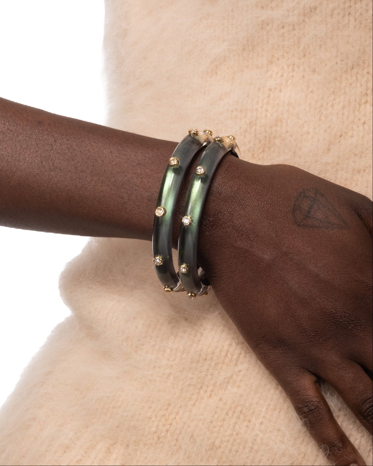 Crystal Studded Lucite Hinge Bracelet- Scarab Green - Photo 2