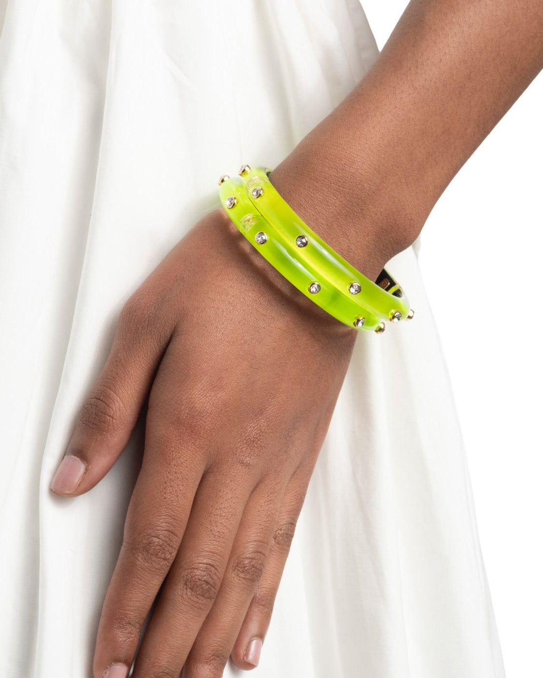 Crystal Studded Lucite Hinge Bracelet- Fluorescent Yellow - Photo 2