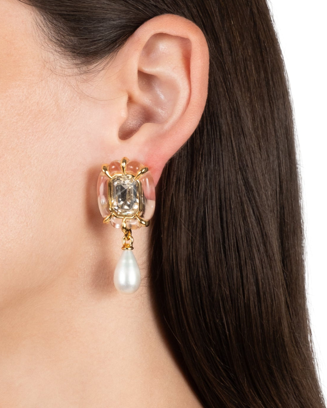 Liquid Lucite Jeweled Freshwater Pearl Drop Earring- Clear - Photo 2