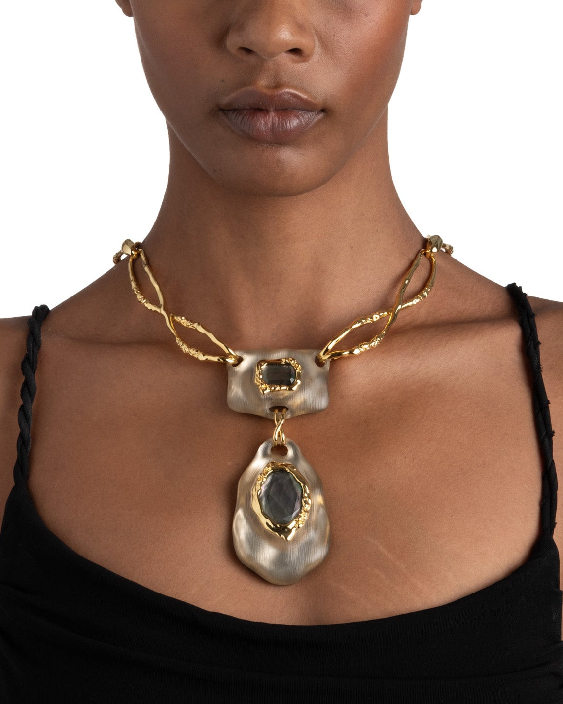 Lucite Brutalist Black Mother of Pearl Doublet Necklace- Warm Grey - Photo 2
