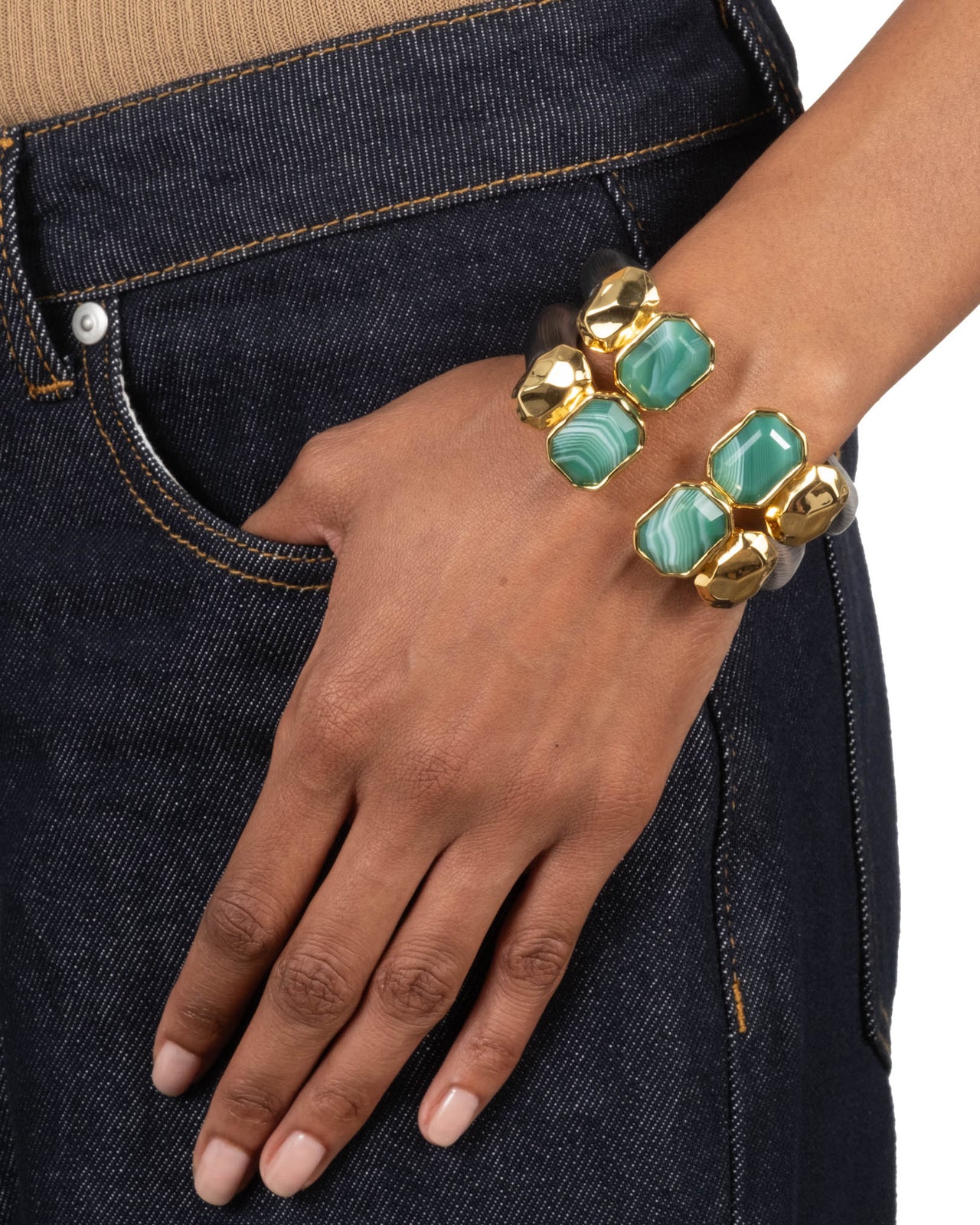 Lucite Green Agate Capped Hinge Bracelet- Black - Photo 2