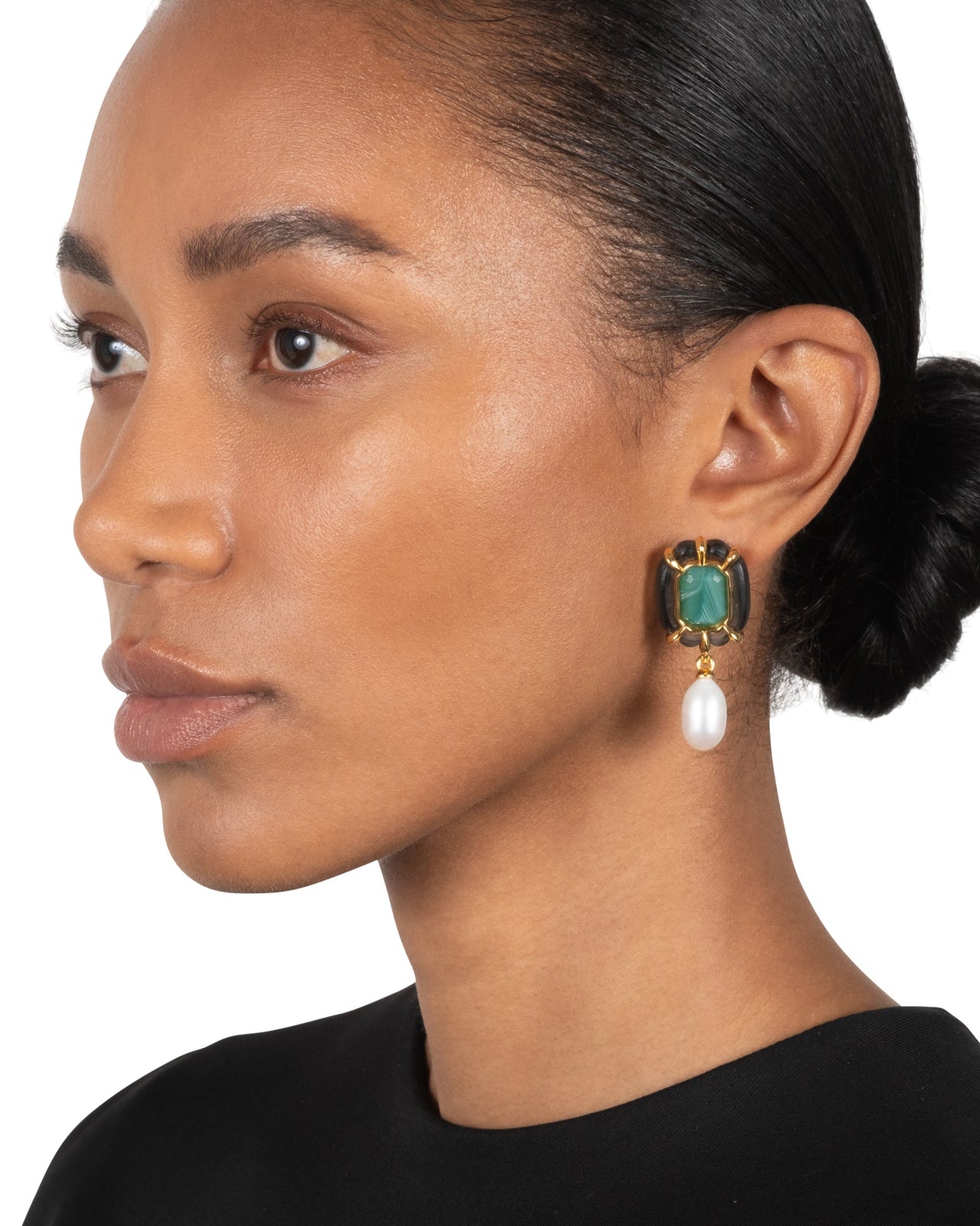 Lucite Jeweled Freshwater Pearl Drop Earring- Black - Photo 2