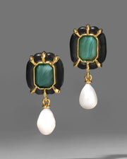 Lucite Jeweled Freshwater Pearl Drop Earring- Black - Photo 1