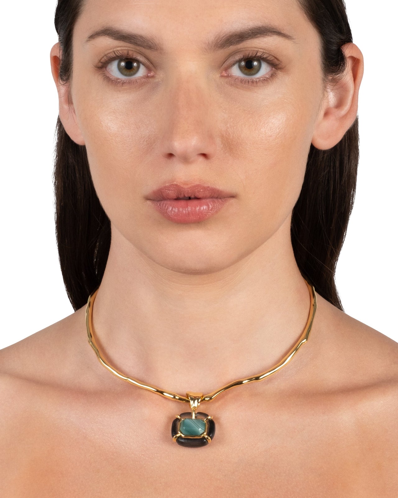 Lucite Jeweled Green Agate Collar Necklace- Black - Photo 2