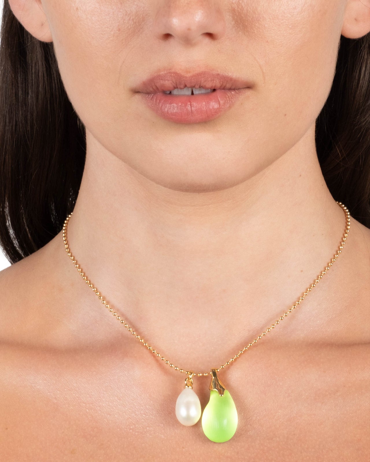 Lucite Teardrop Freshwater Pearl Pendant Necklace- Neon Green - Photo 2