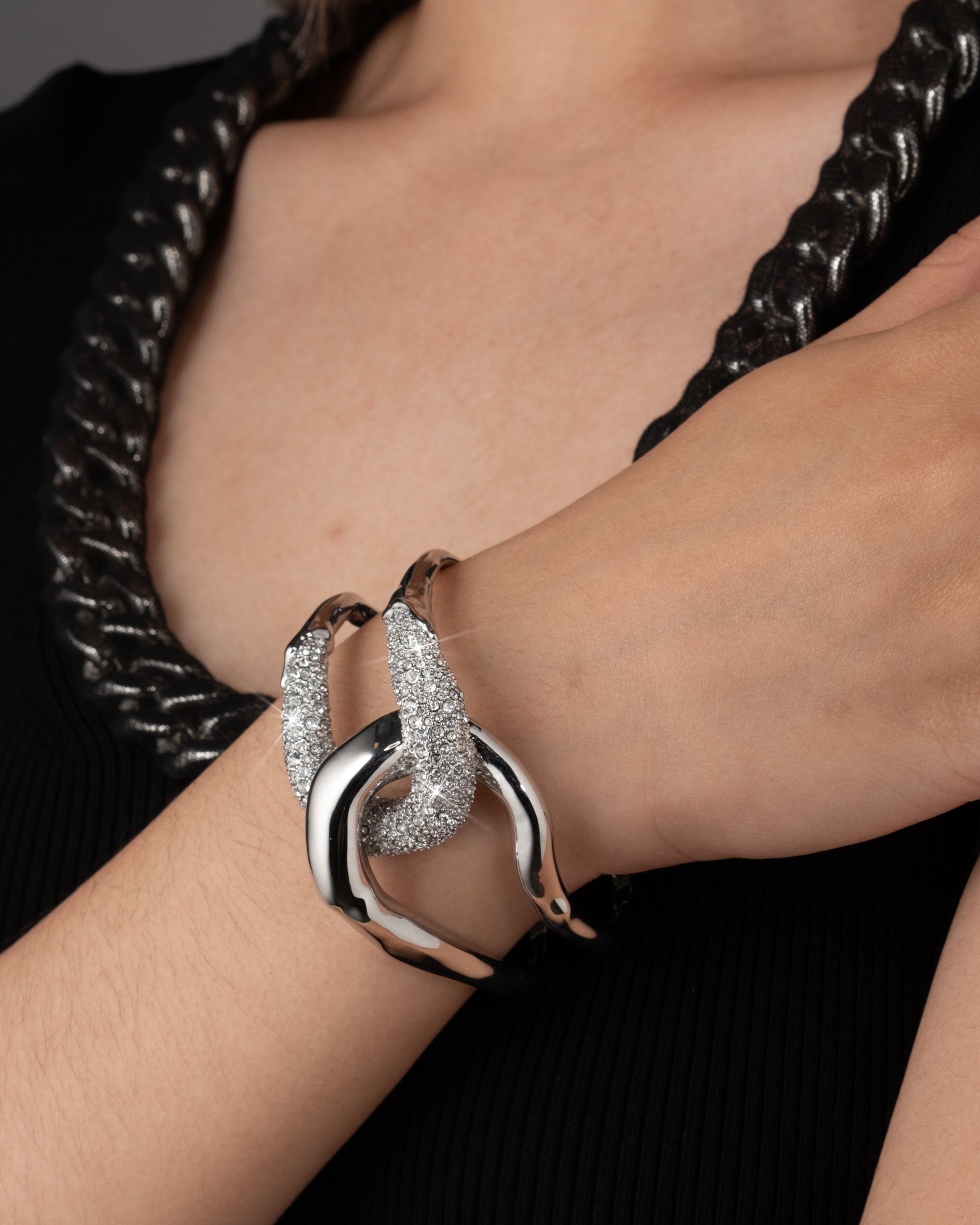 Solanales Silver Crystal Interlocked Cuff Bracelet