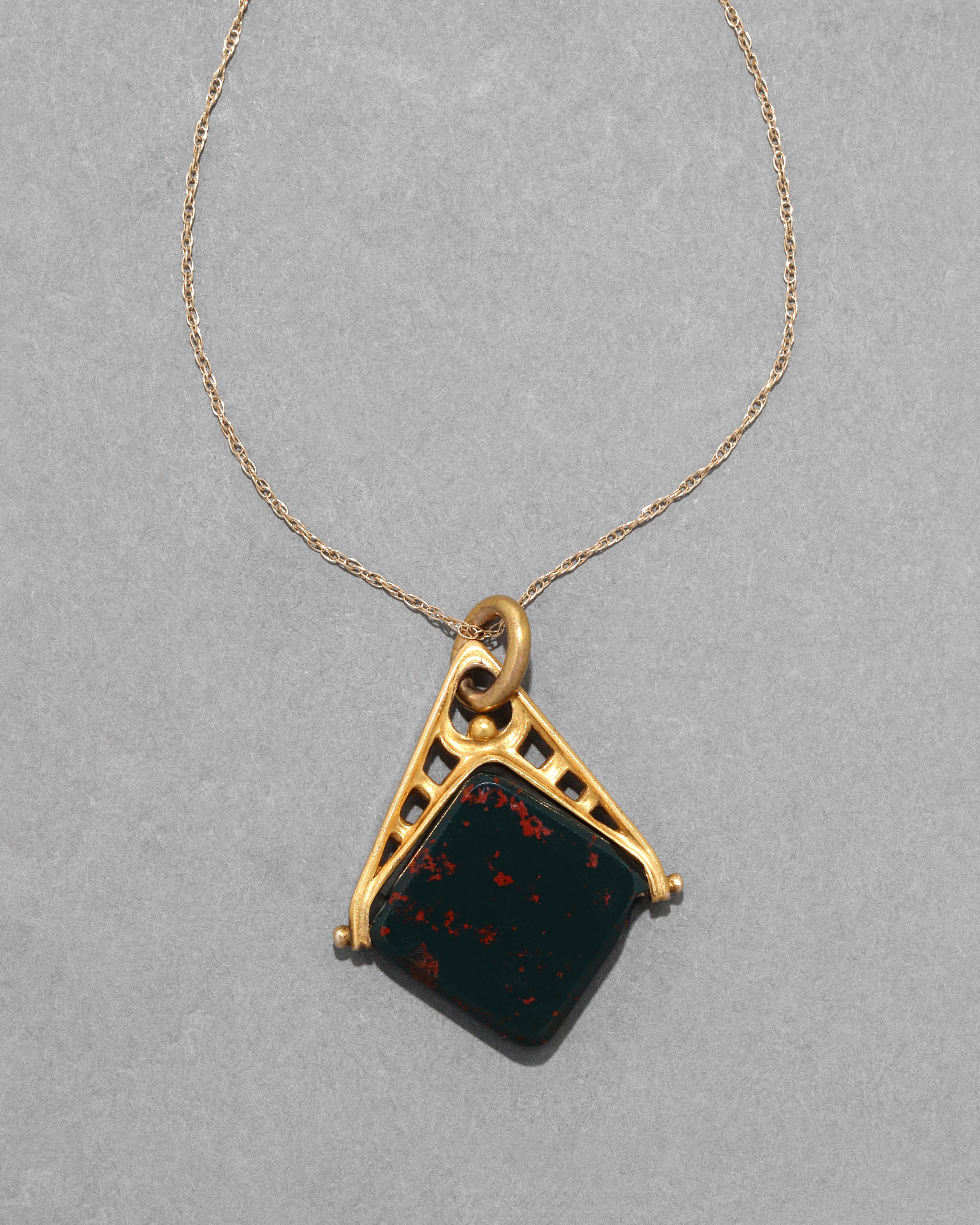 Antique 1880s Victorian 14k Gold and Bloodstone Spinner Fob Necklace