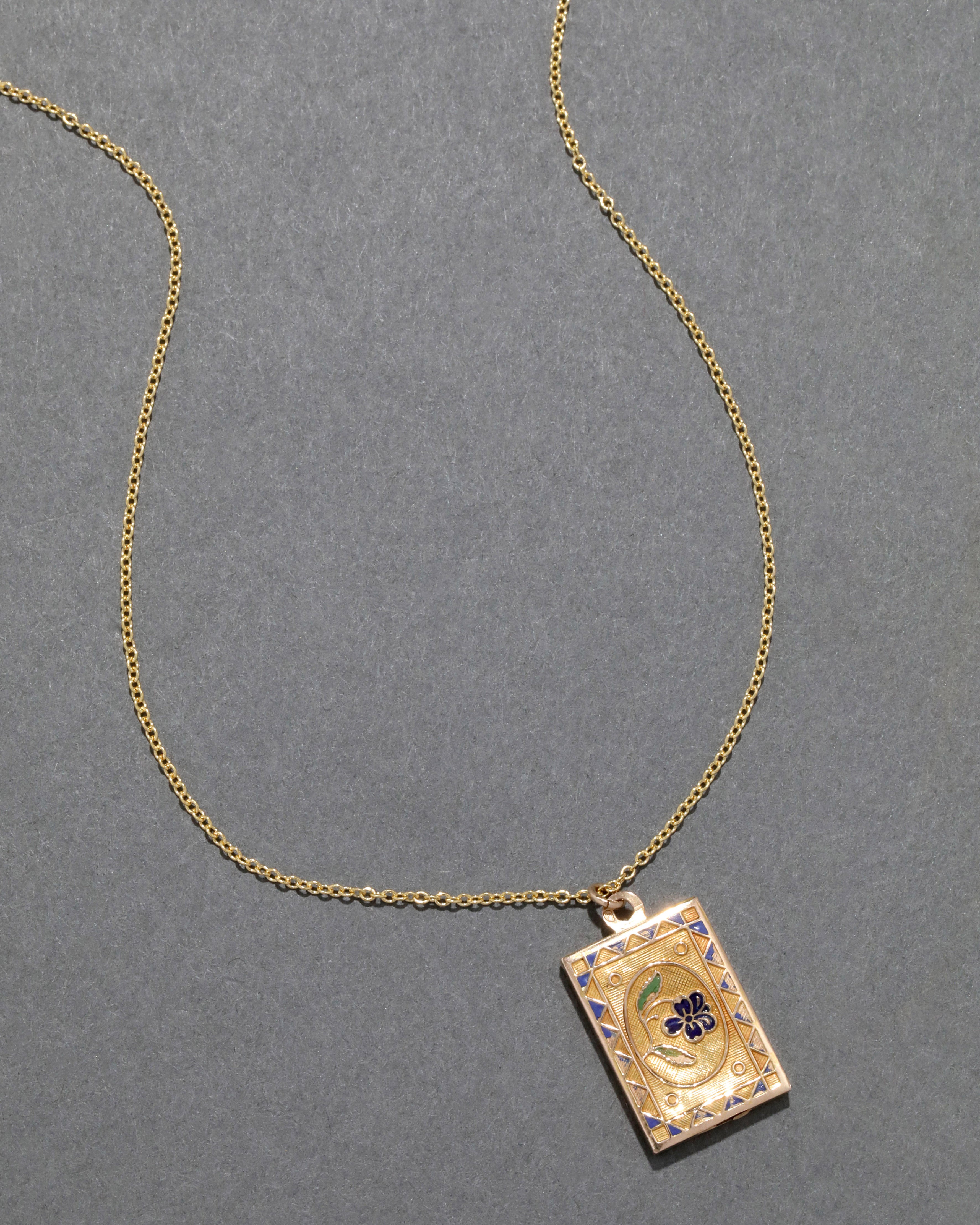 Antique 1920s 18k Gold & Enamel Double Sided Floral Pattern Pendant Ne