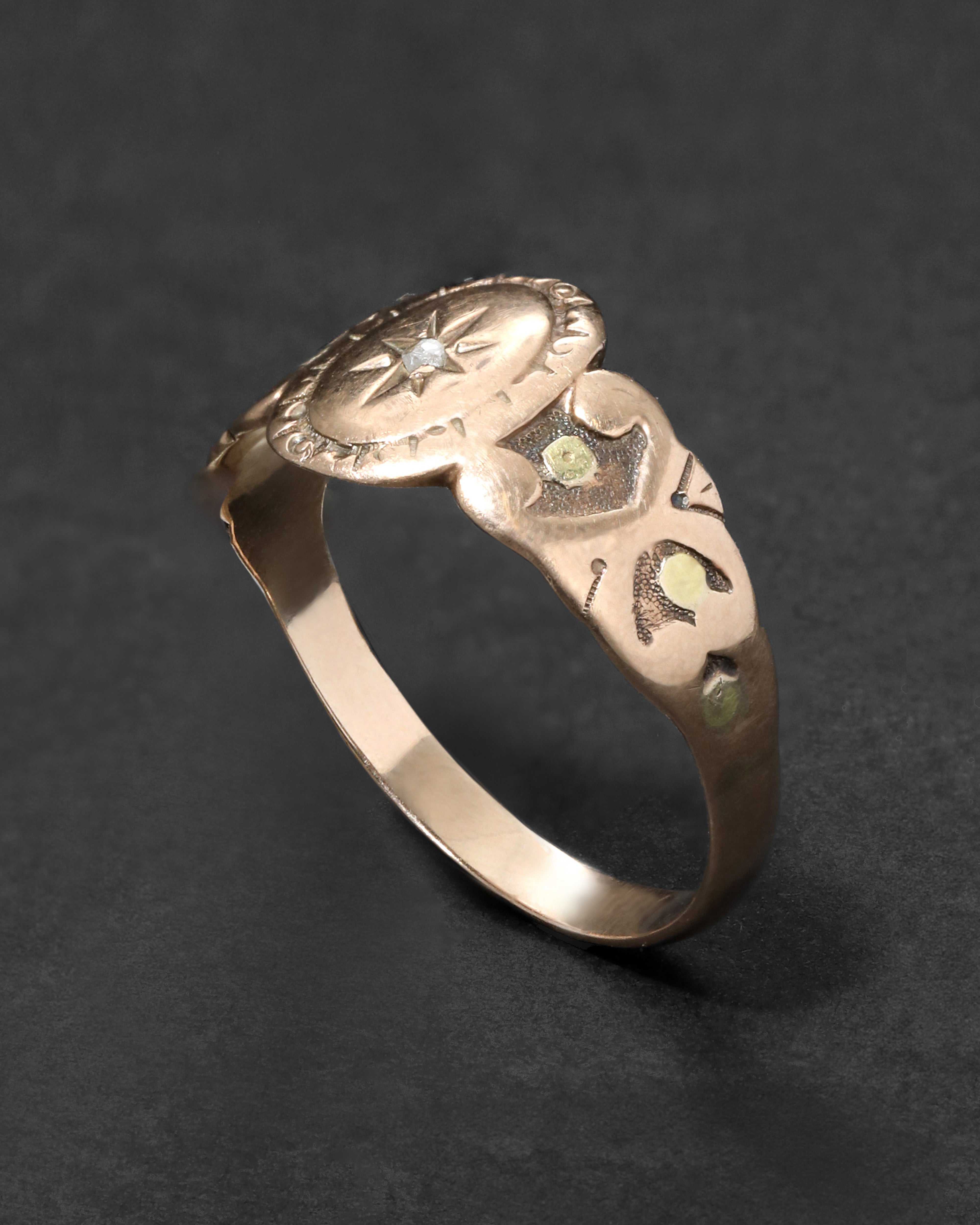 Antique 1800s 10k Yellow & Rose Gold Signet Ring with Diamond Star Mot