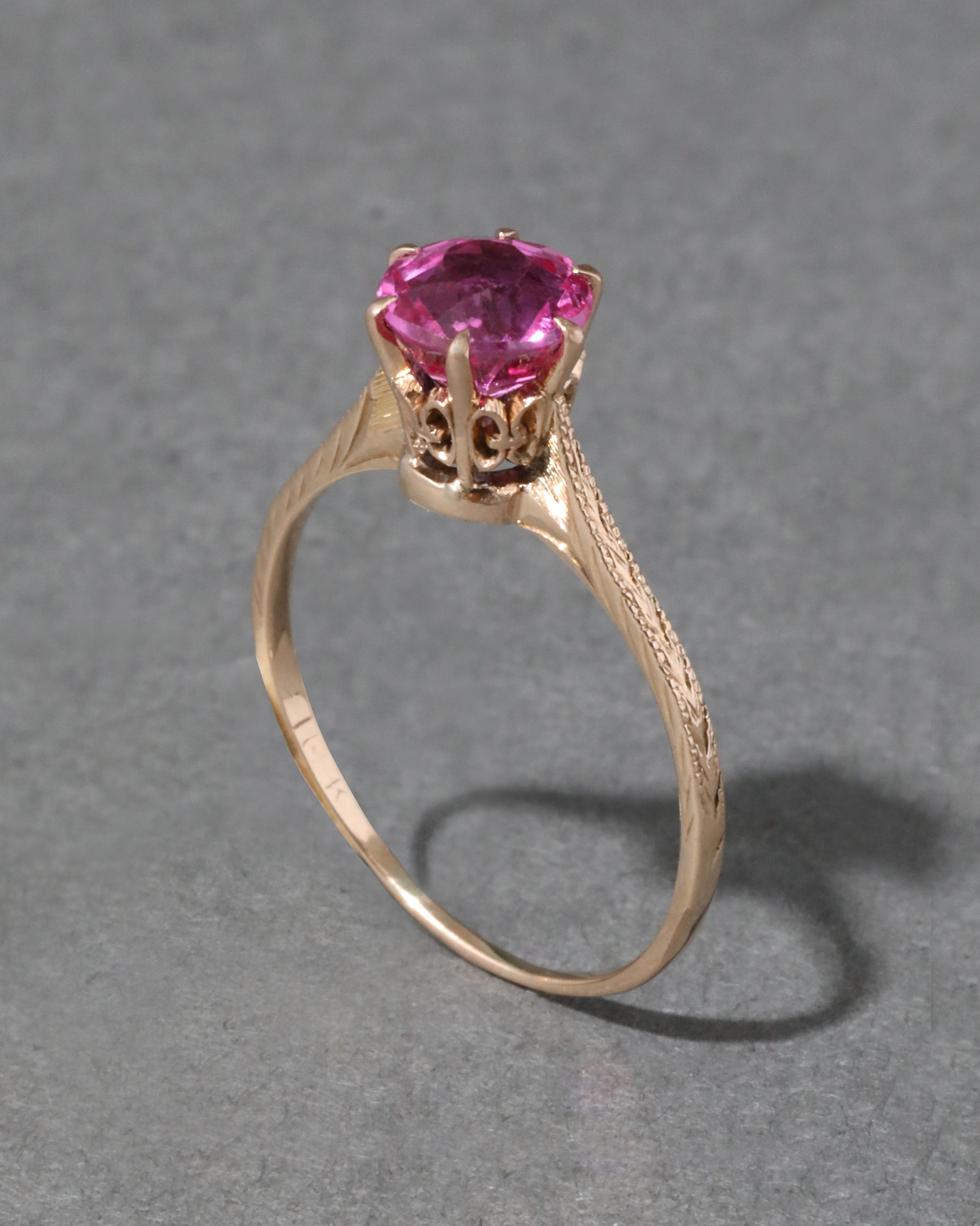 Vintage 1930s 10k Gold & Pink Sapphire Hand Etched Princess Ring
