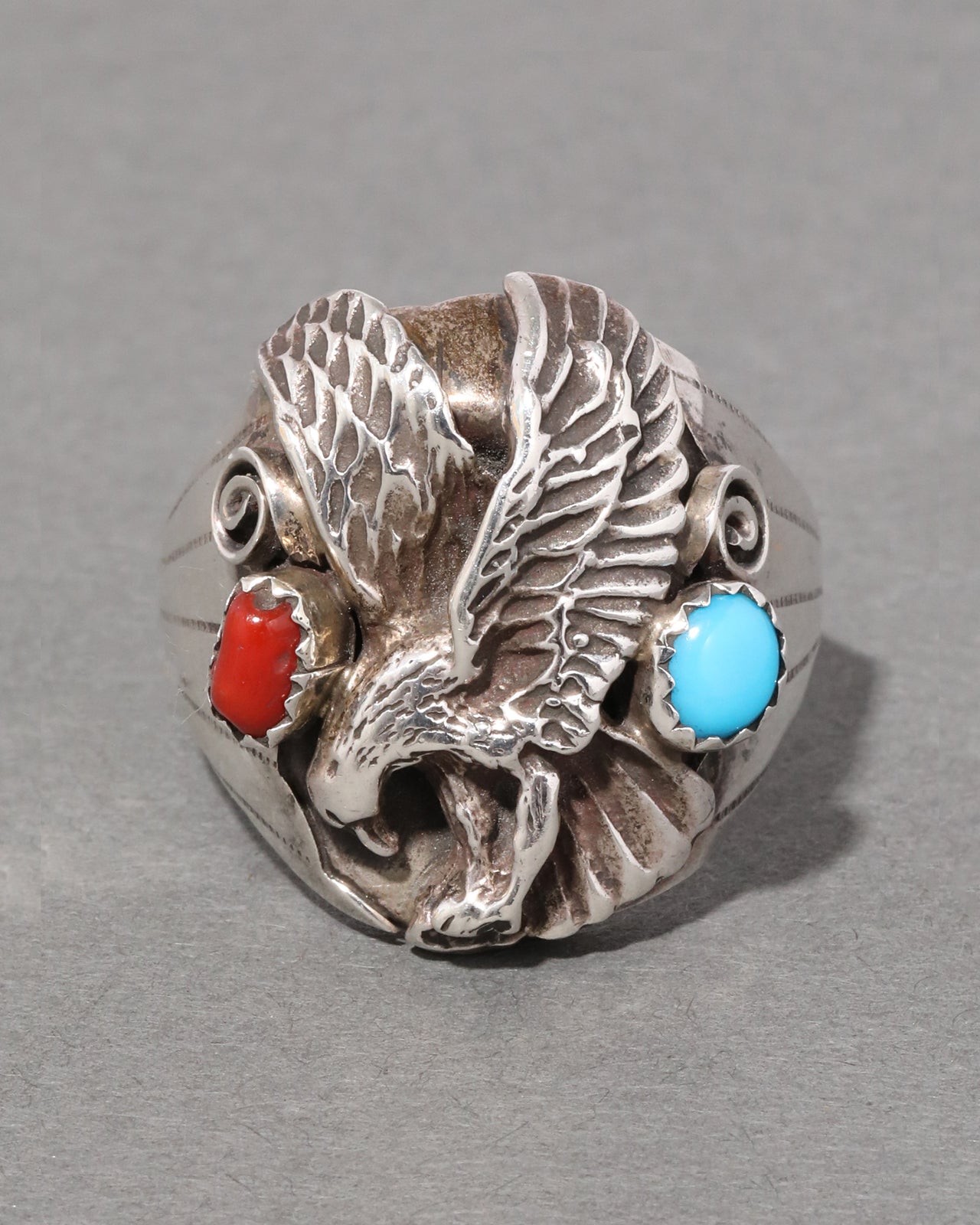Vintage 1980 Sterling Silver Eagle Turquoise Ring - Photo 2