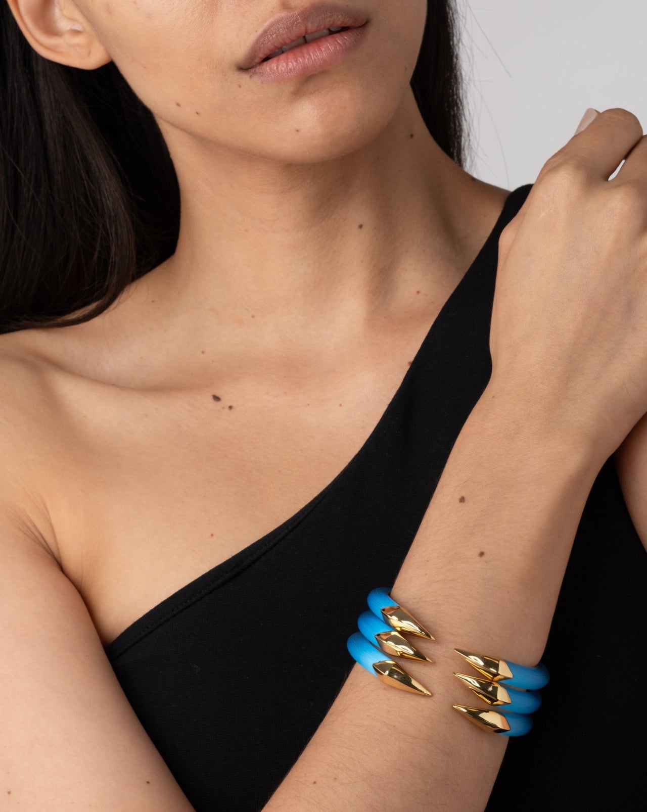 Mirrored Pyramid Lucite Brake Hinge Bracelet- Neon Blue - Photo 2