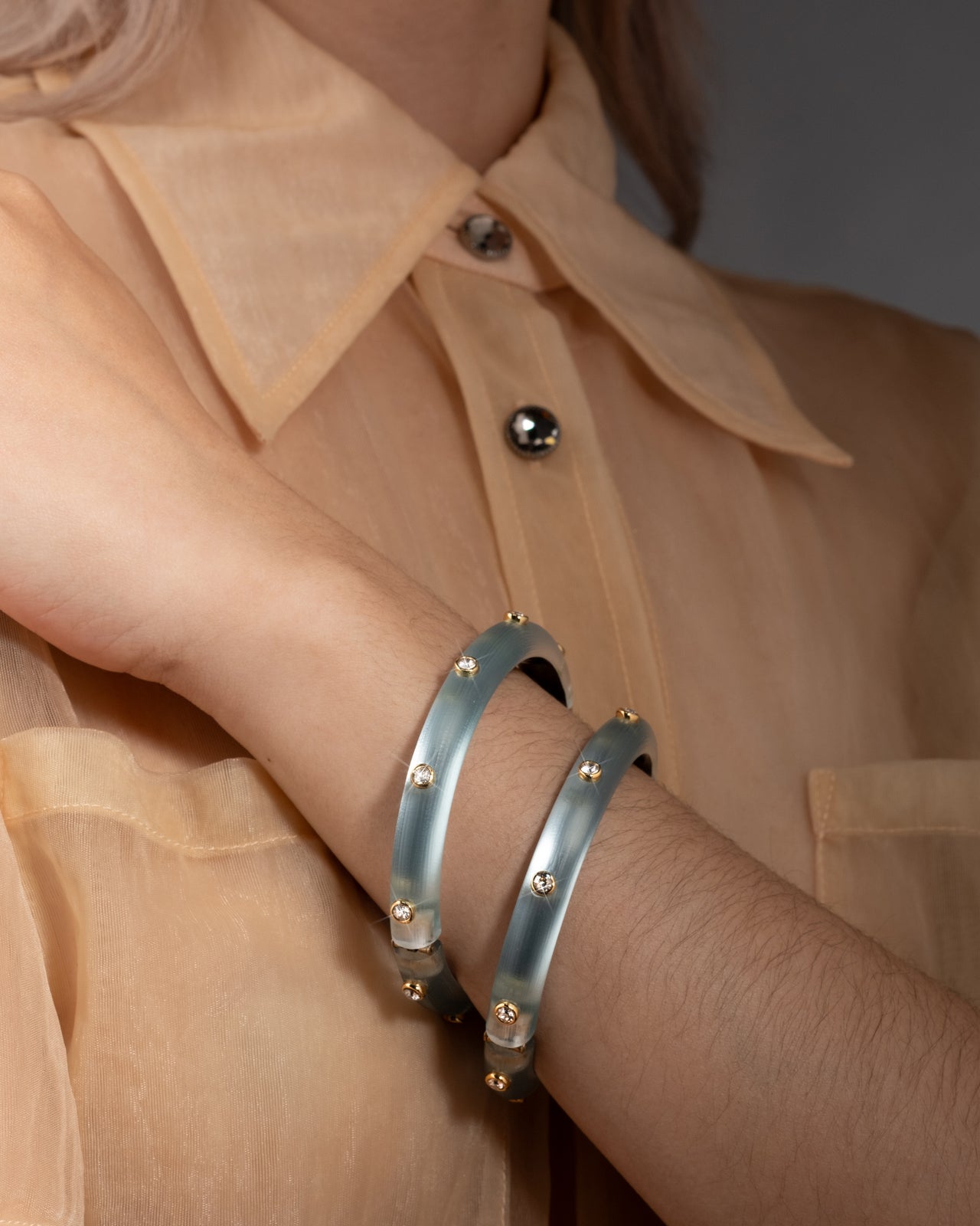 Crystal Studded Lucite Hinge Bracelet - Blue Grey - Photo 2