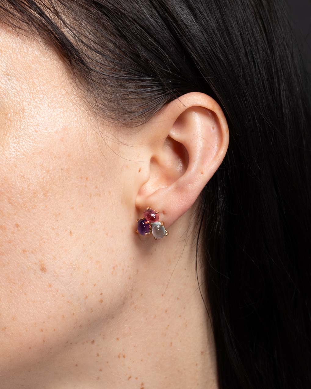 Vintage 14k Gold Aquamarine Tourmaline and Amethyst Cluster Earrings - Photo 2