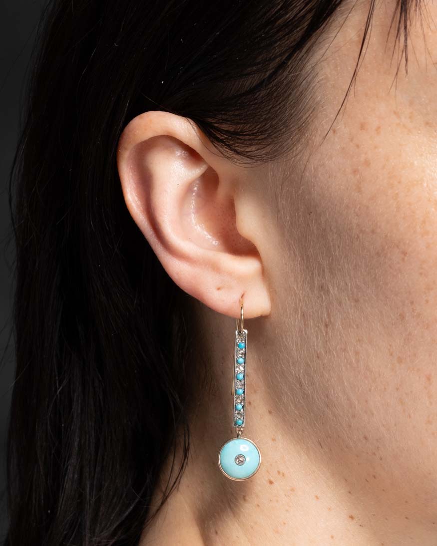 Victorian 1800s Antique 14k Gold Natural Turquoise Drop Earrings - Photo 2