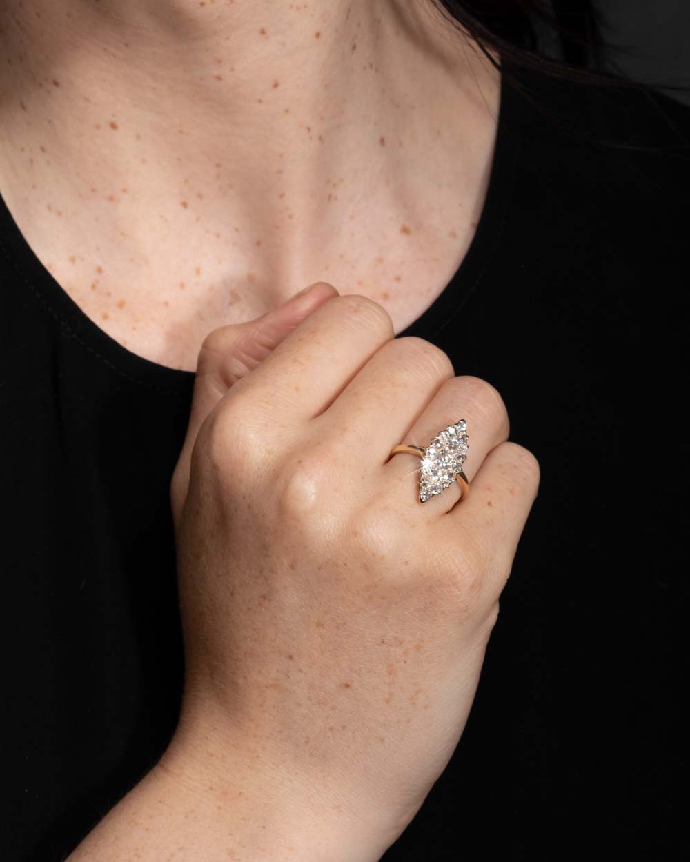 Vintage 1920s 14k Gold Marquise Shape Diamond Cluster Ring - Photo 2