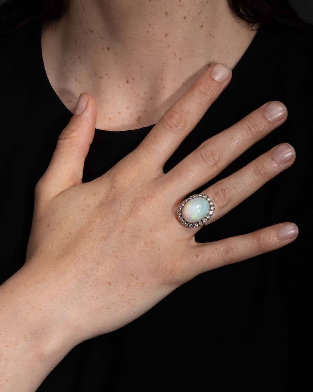 Antique 1920s 14k Gold Opal and Diamond Halo Ring - Photo 2