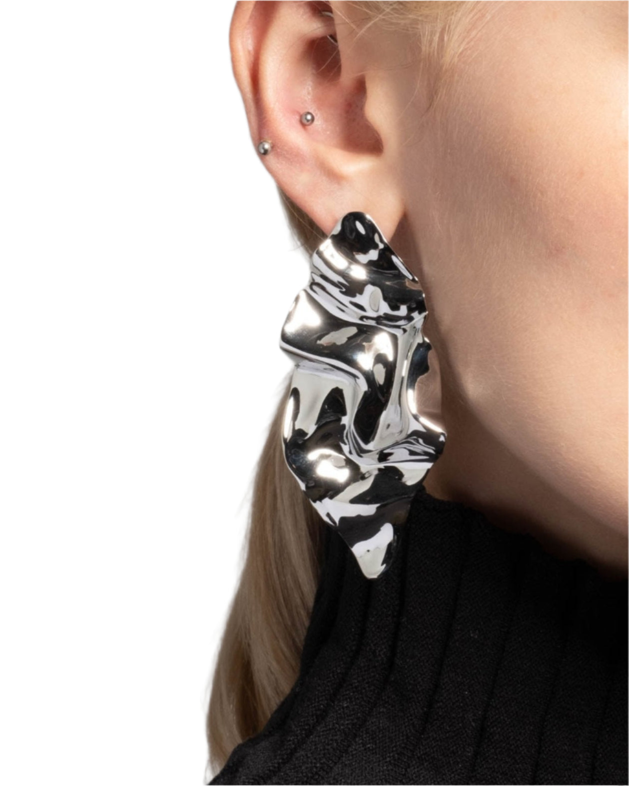 Crumpled Large Post Earring- Silver - Photo 2
