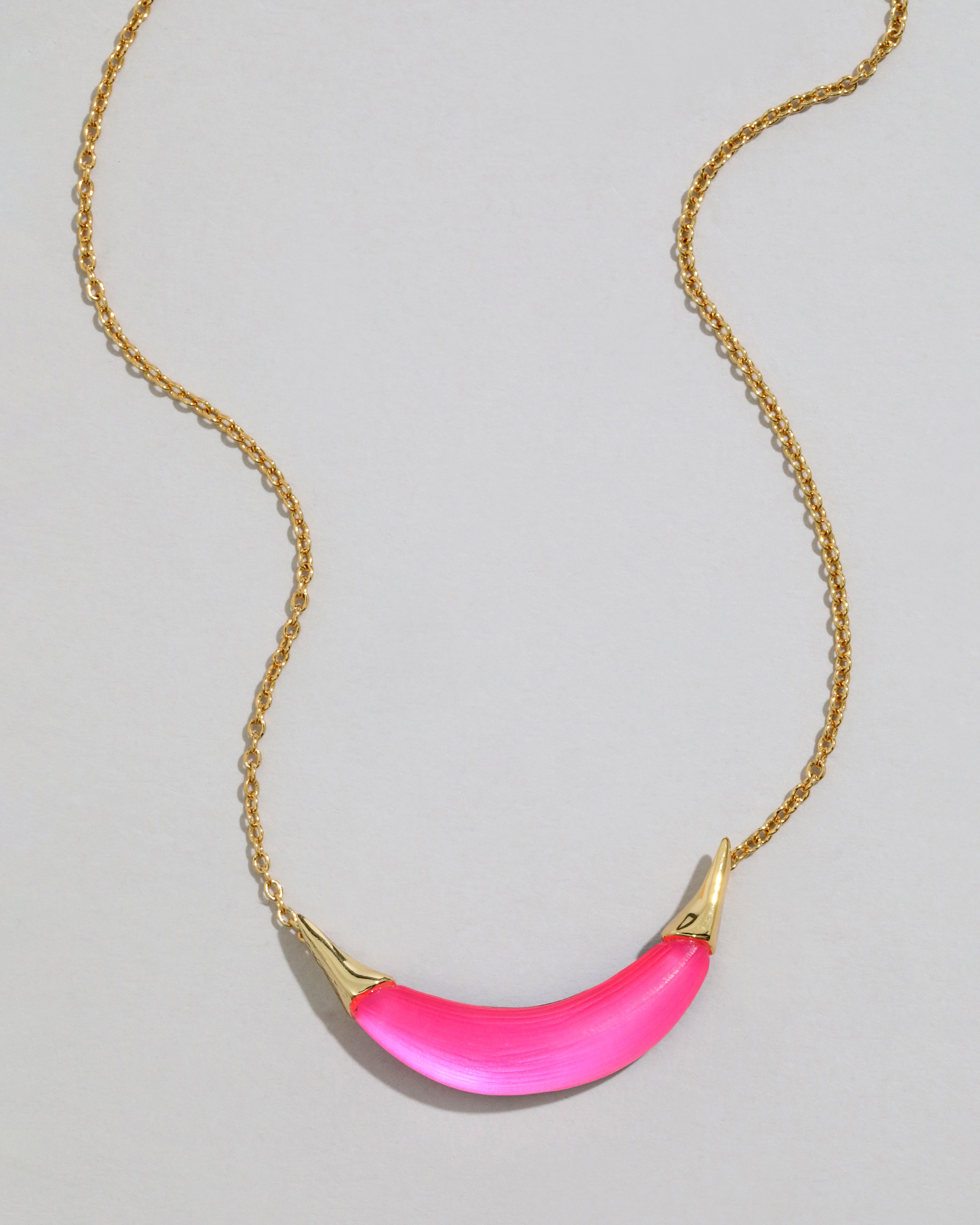 Gold Capped Crescent Lucite Necklace Neon Pink