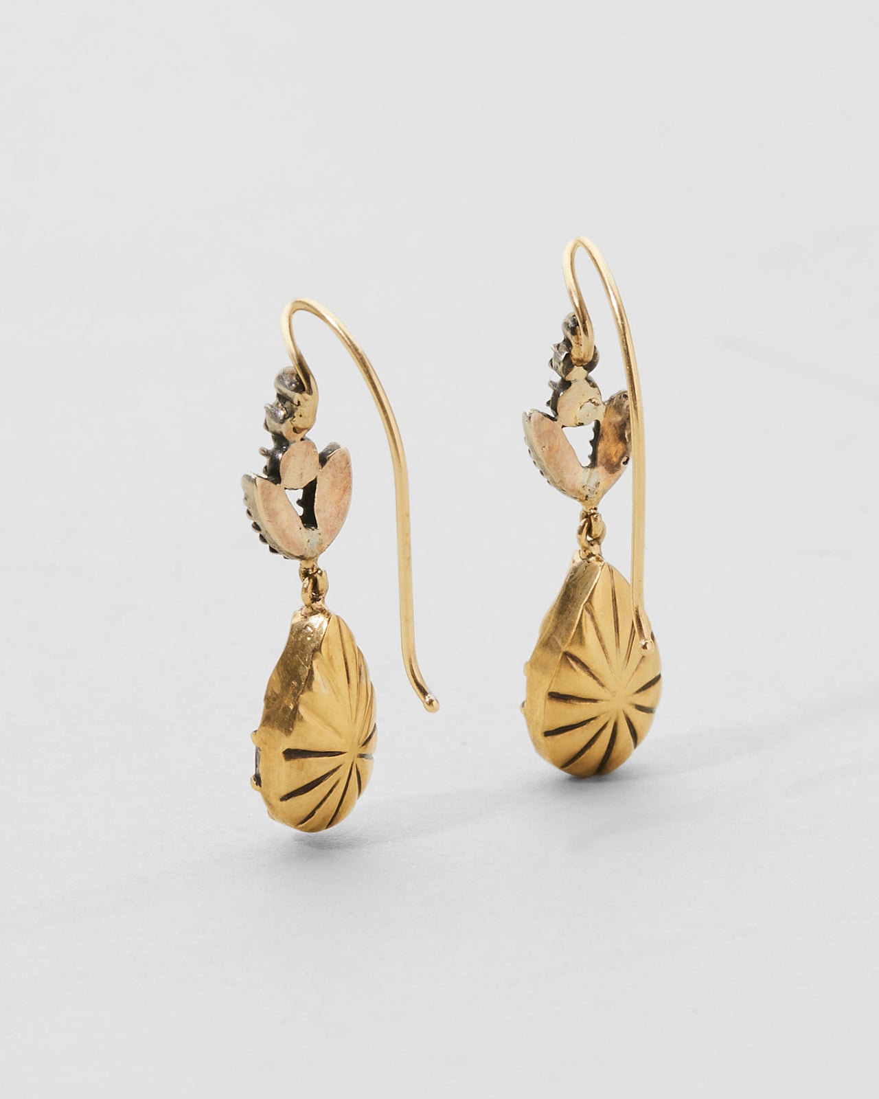 Antique 14k Gold and Sterling Silver Earrings with Amethyst and Leafy Diamond Tops - Photo 2