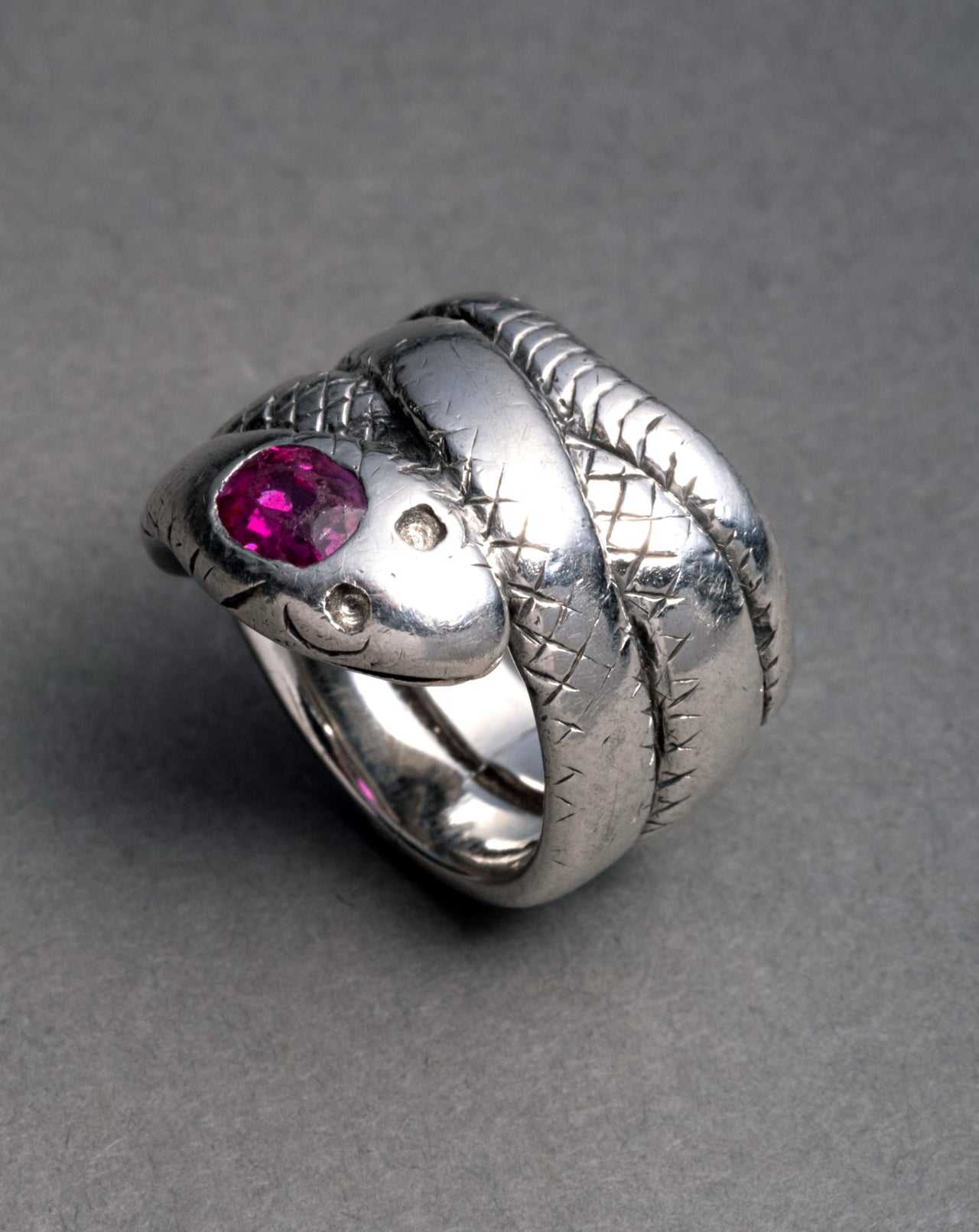 Antique Victorian Mid 1800s Sterling Silver and Ruby Coiled Snake Ring - Photo 2