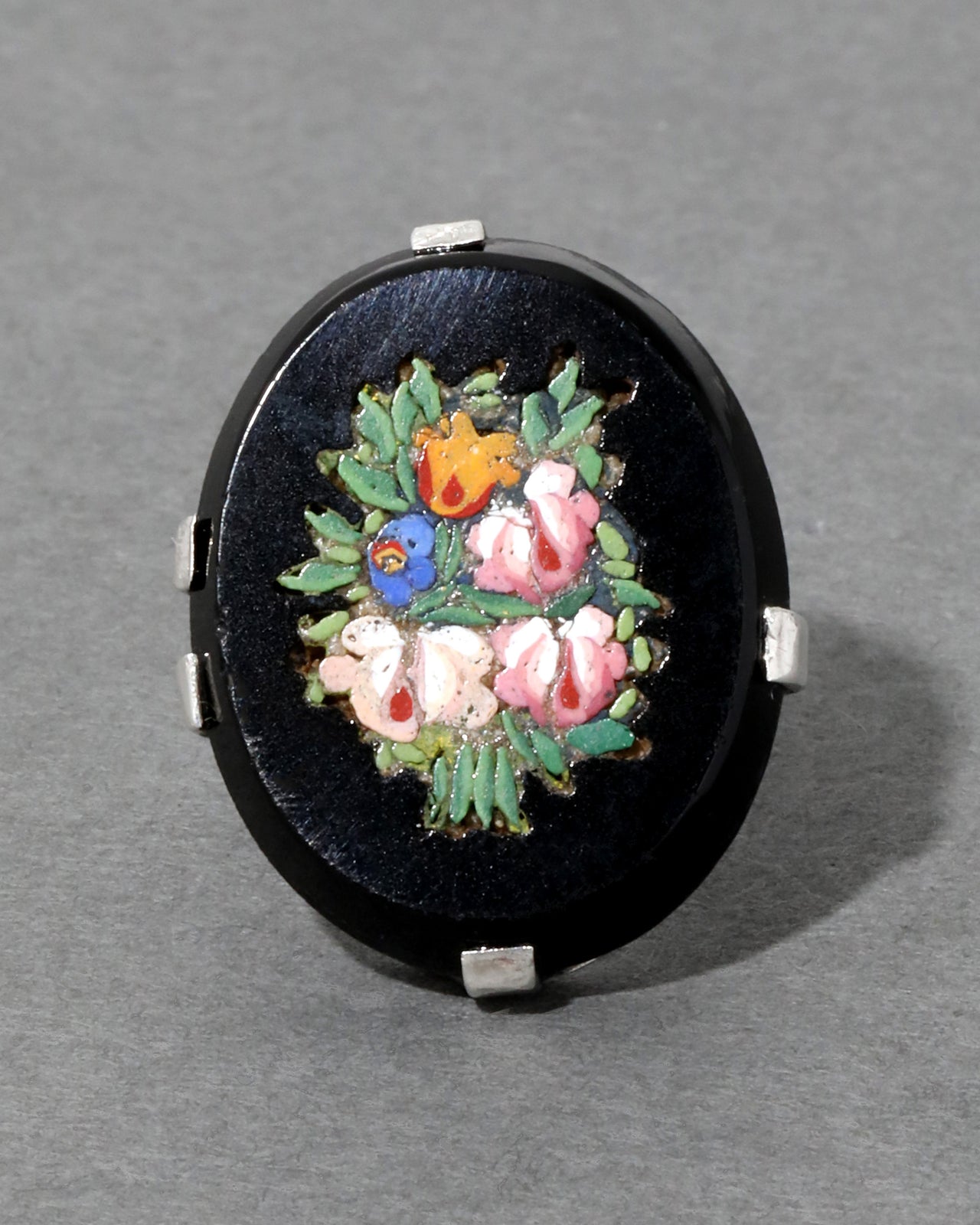 Vintage 1930s Sterling Silver Onyx Micro Mosaic Ring - Photo 2