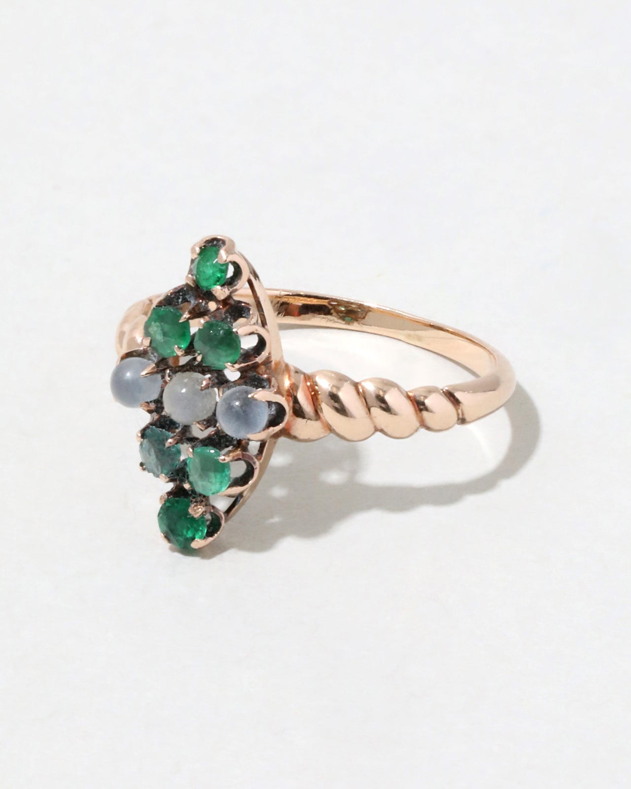 Antique 1880s Victorian 10k Rose Gold Emerald and Moonstone Marquise Ring - Photo 2