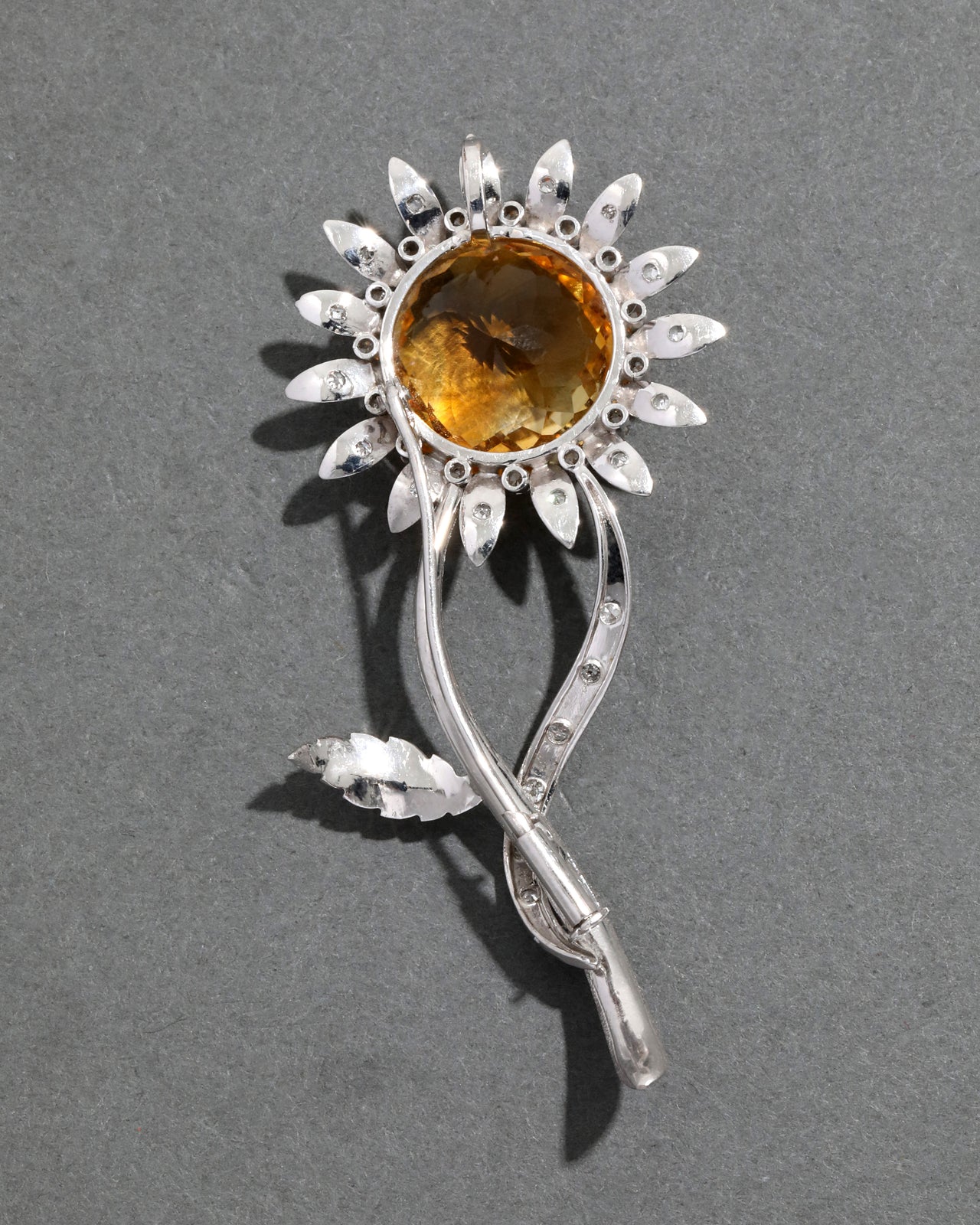 Vintage 1970s 14k White Gold Diamond and Citrine Sunflower Pin - Photo 2