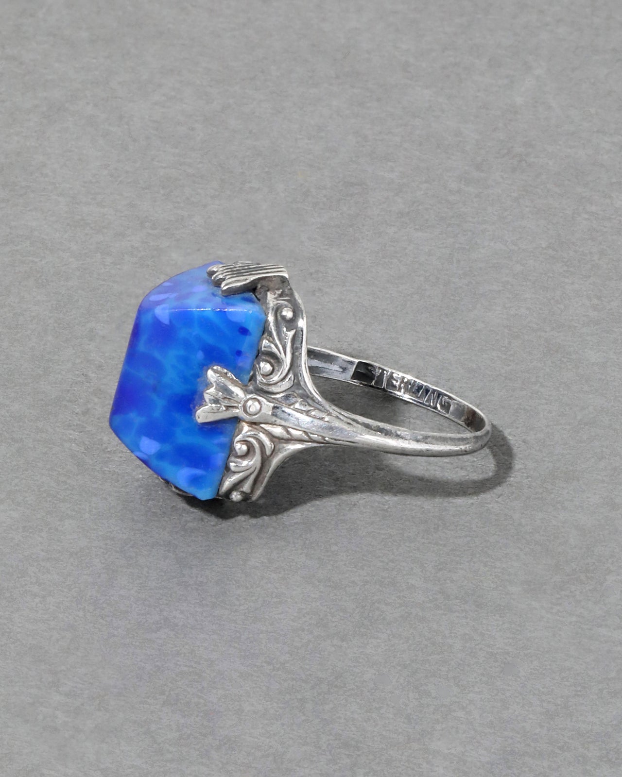 Antique 1920s Sterling Silver Natural Lapis Ring - Photo 2