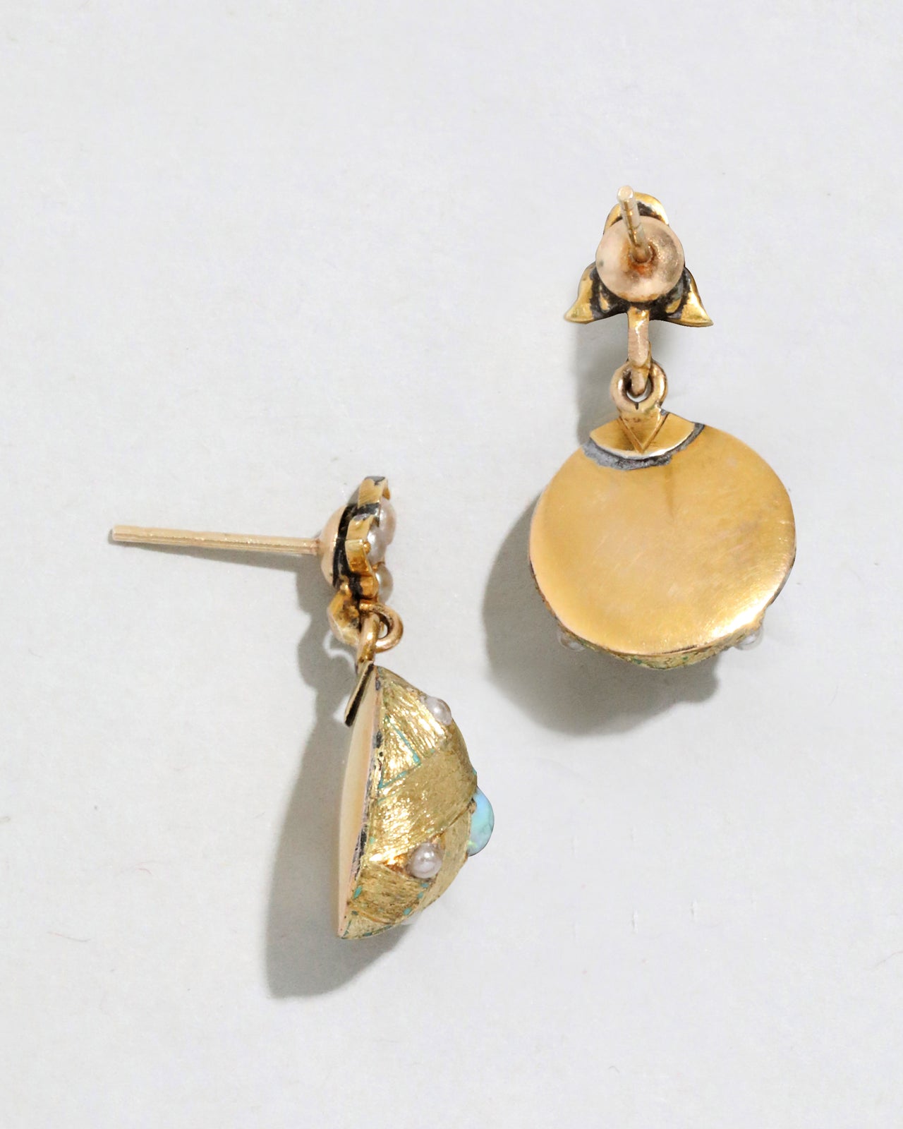 Antique Vintage 1800s 18k Gold Opal and Pearl Drop Earrings - Photo 2