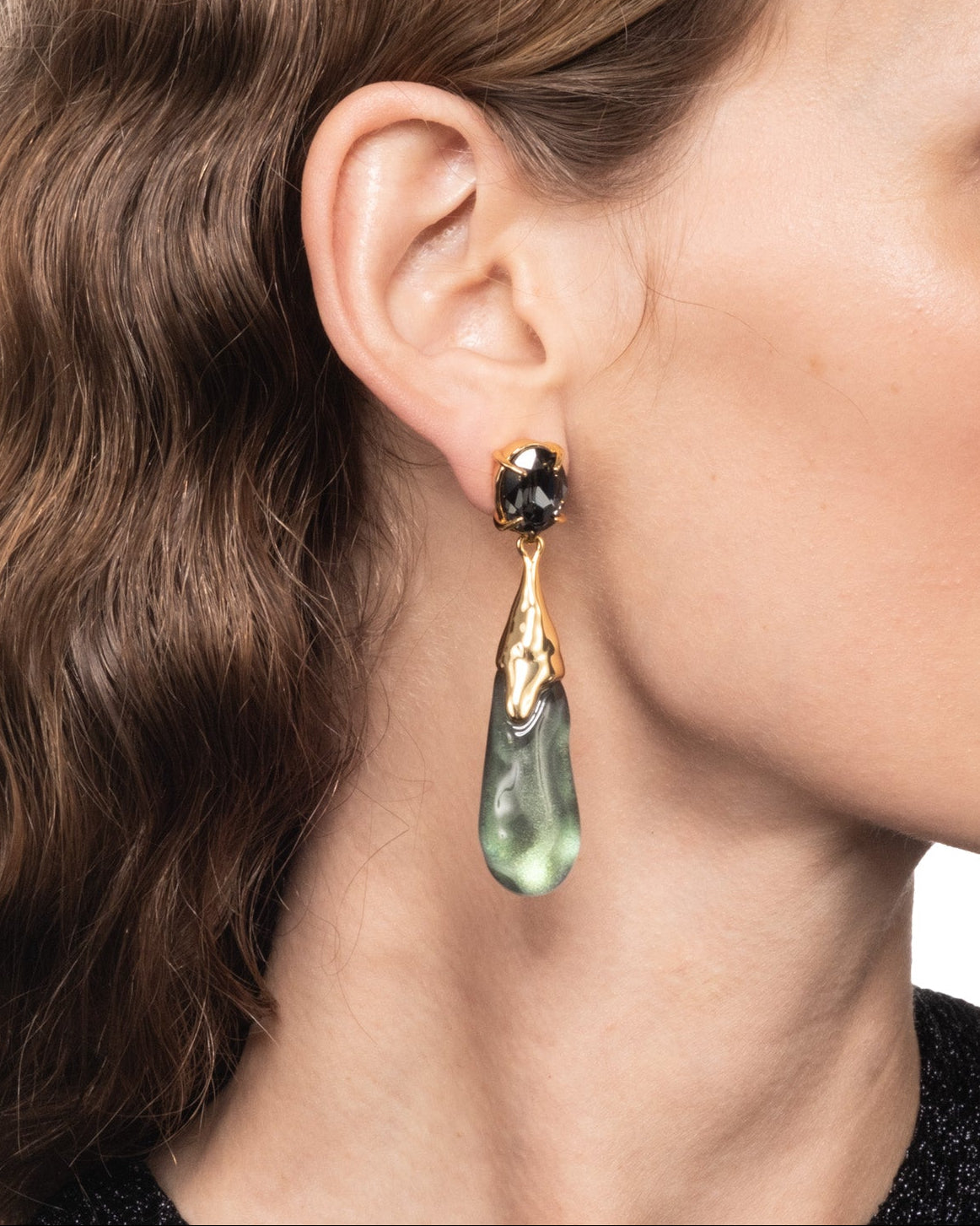 Bonbon Crystal Small Teardrop Lucite Earring- Scarab Green - Photo 2