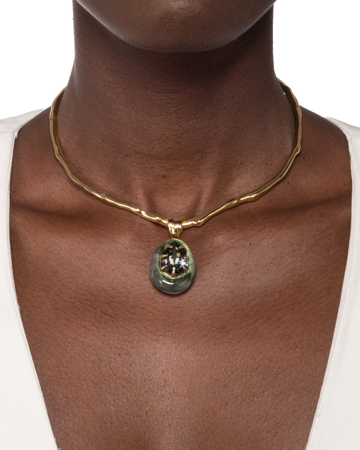 Bonbon Crystal Teardrop Lucite Collar Necklace- Scarab Green - Photo 2
