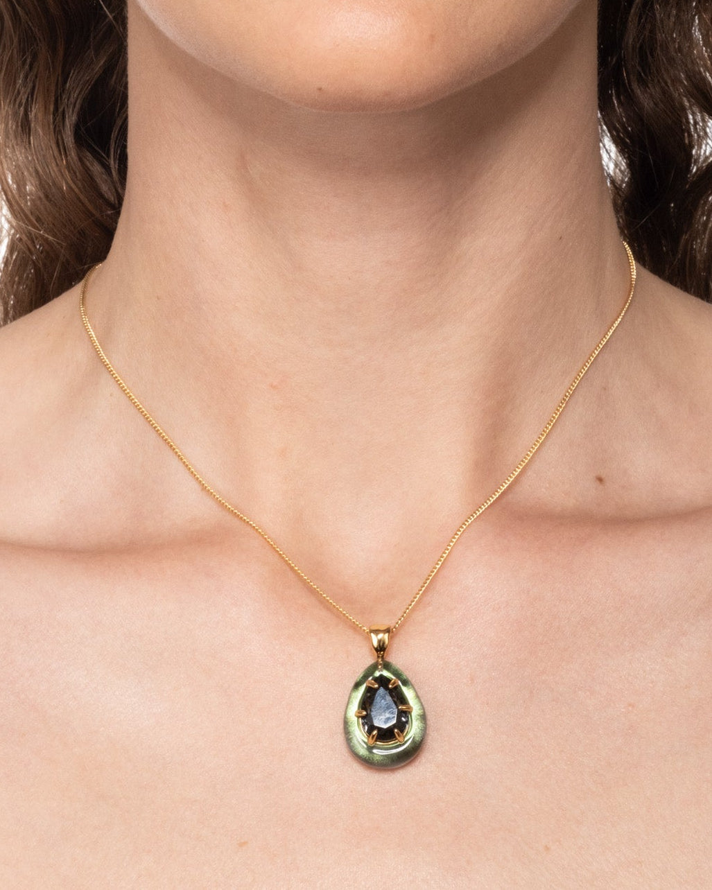 Bonbon Crystal Lucite Teardrop Pendant Necklace- Scarab Green - Photo 2