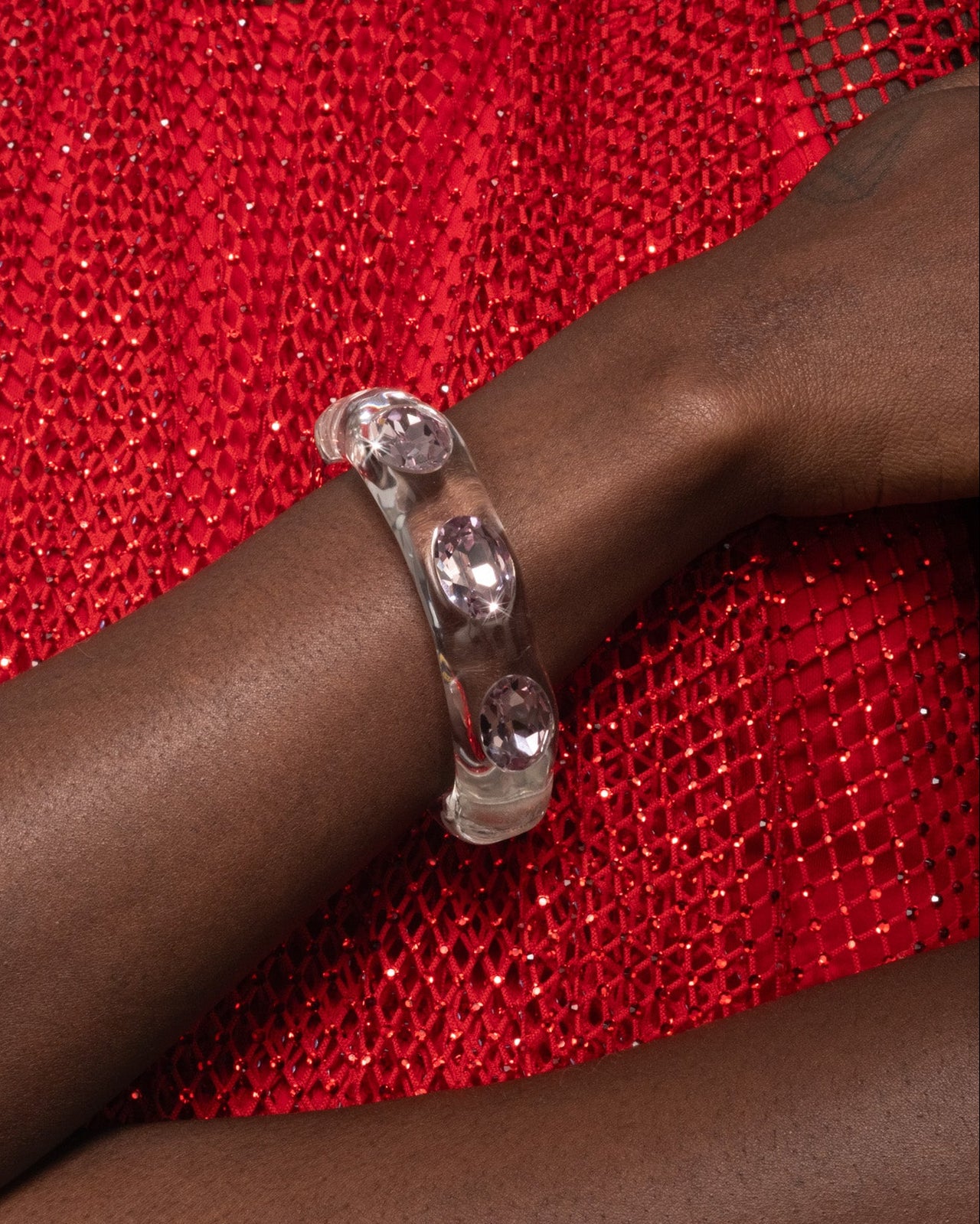Bonbon Large Crystal Studded Lucite Hinge Bracelet- Clear + Petal Crystal - Photo 2