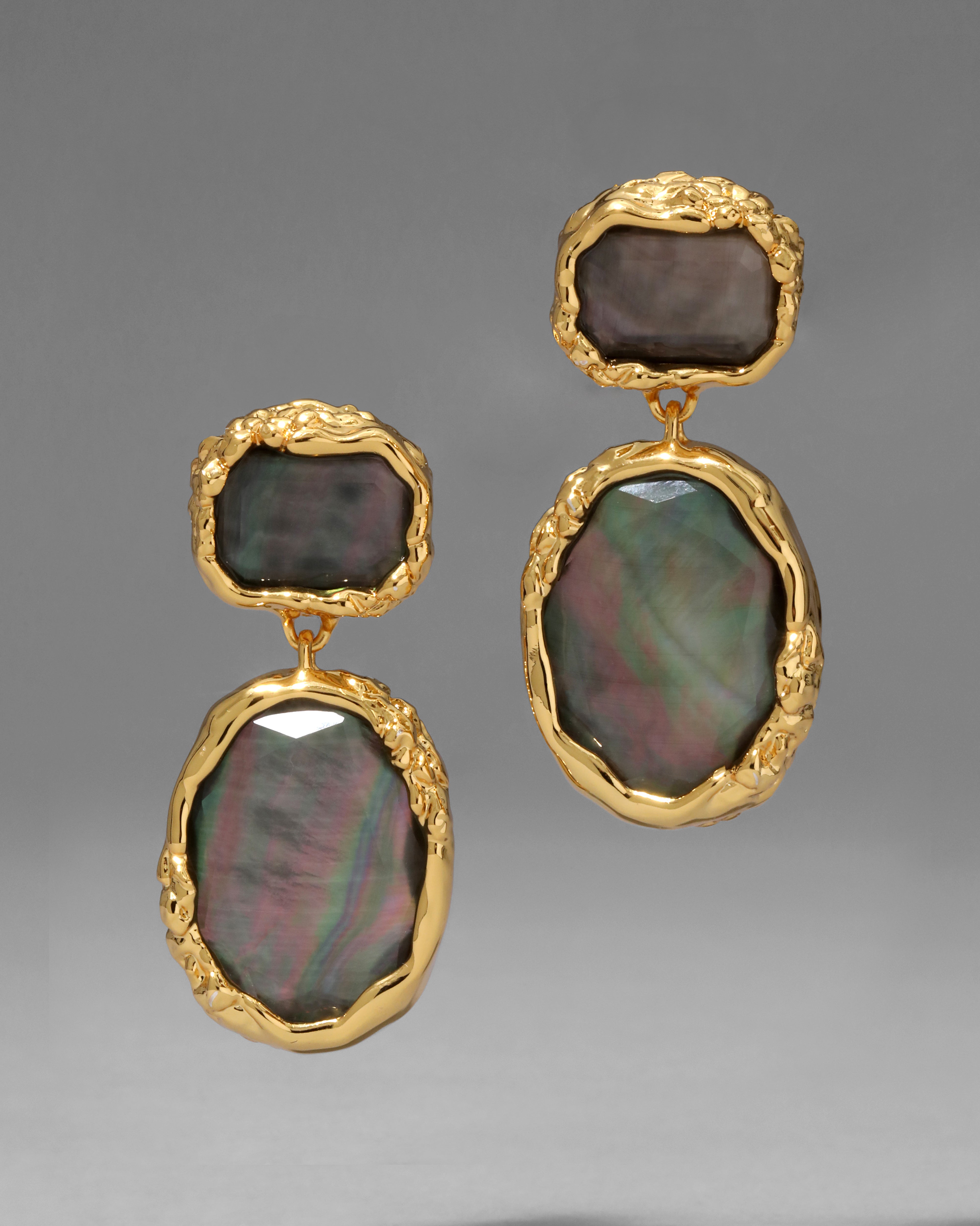 Brut Gold Bezel Drop Clip Earring Mother Pearl