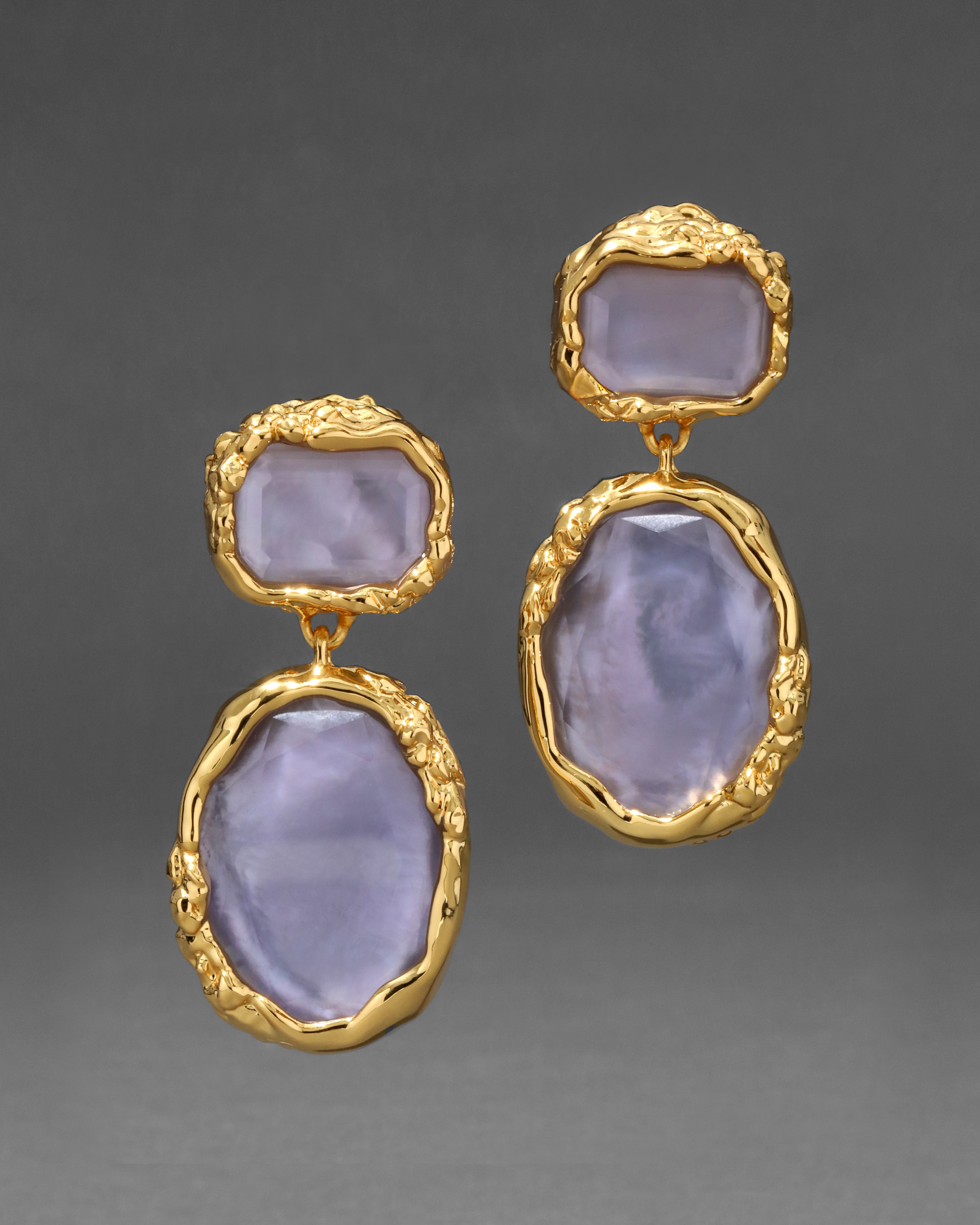 Brut Bezel Drop Clip Earring Iolite Mother Pearl