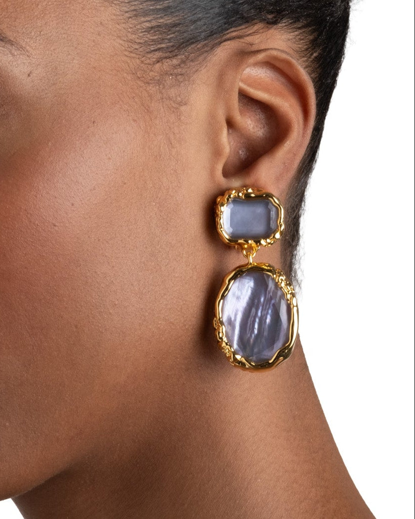 Brut Gold Bezel Drop Clip Earring- Iolite Mother of Pearl - Photo 2
