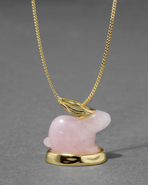 Bunny Rose Quartz Pendant Necklace | 14k Gold Plated Bunny Necklace