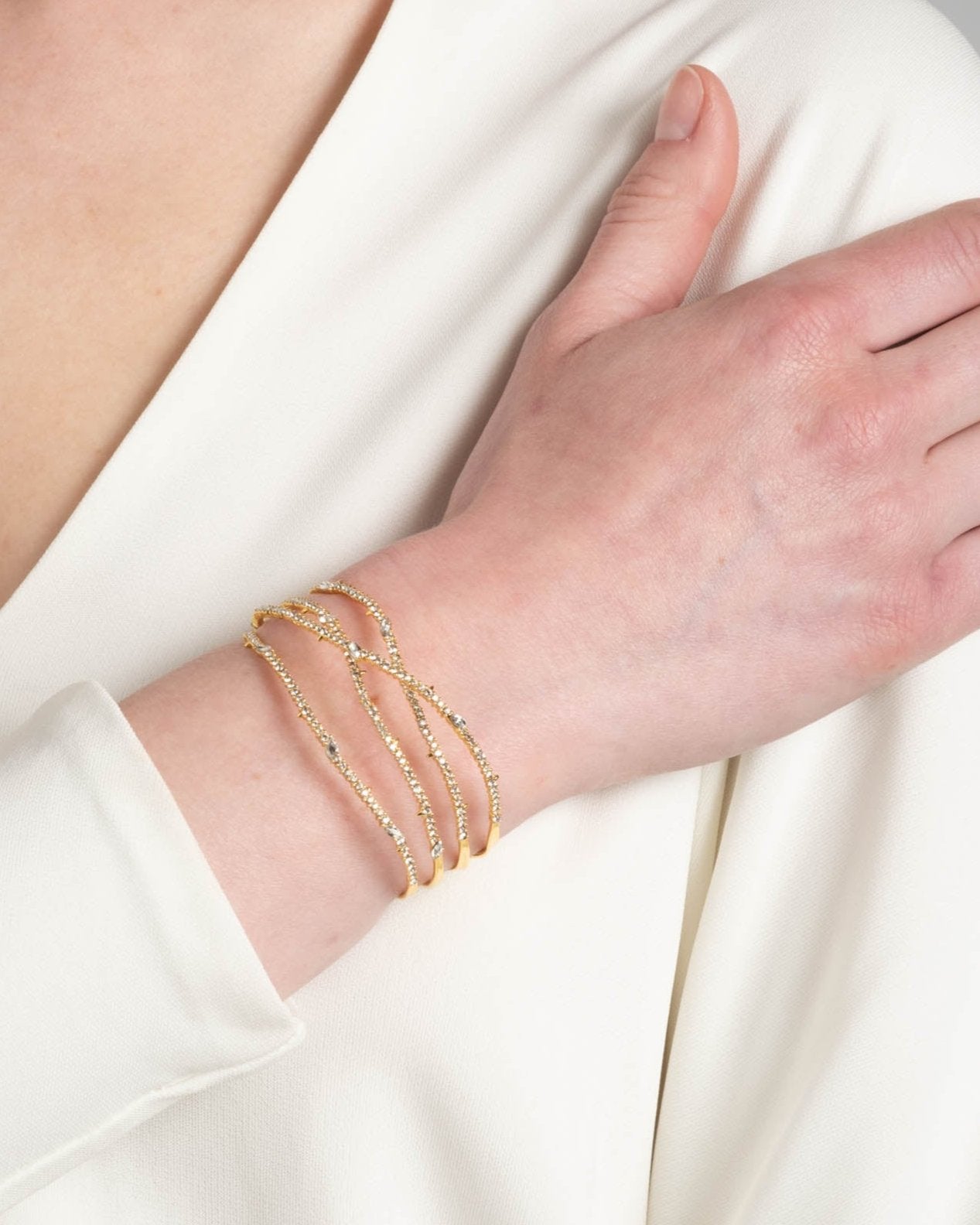 Crystal Pave Orbiting Cuff Bracelet- Gold - Photo 2