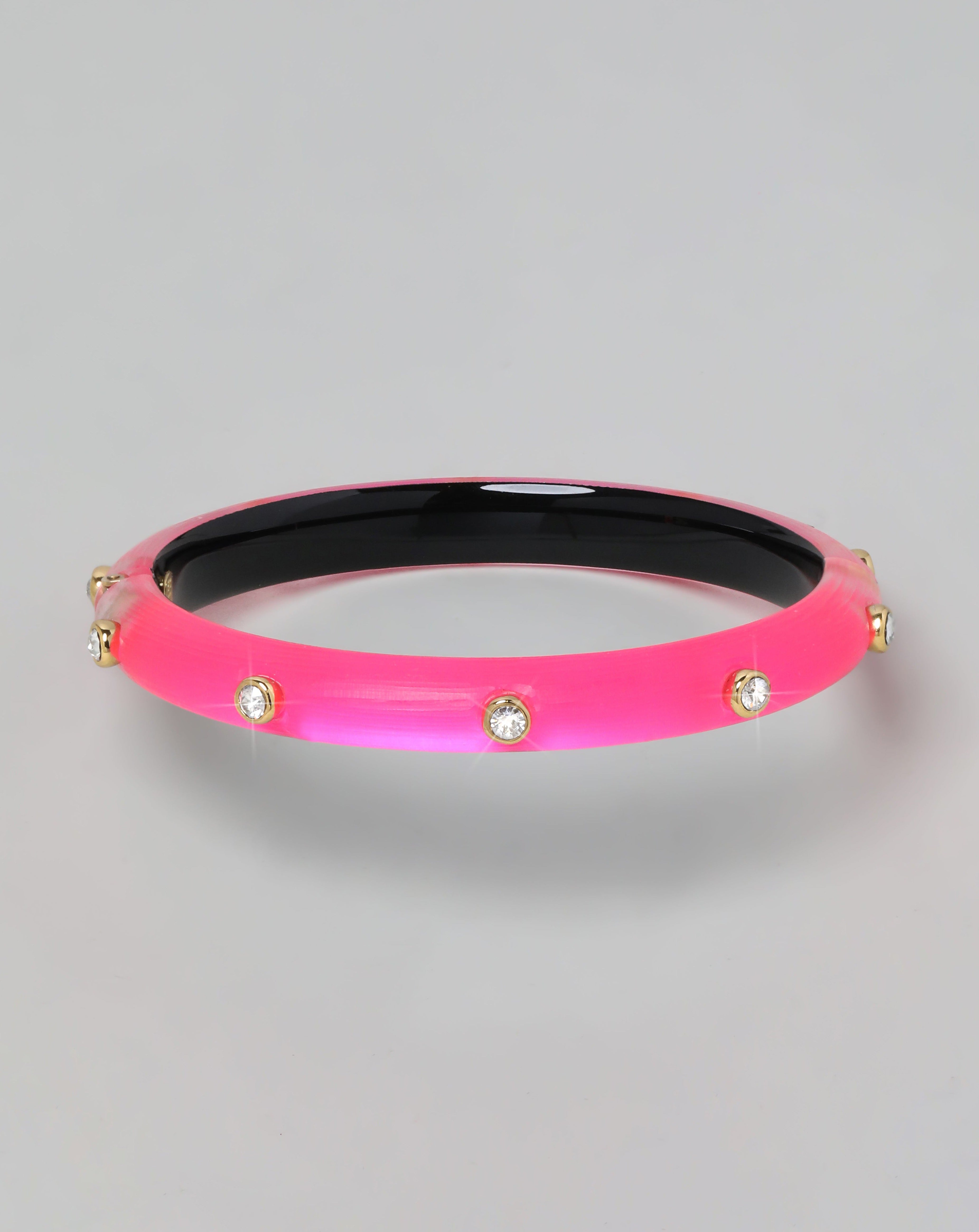 Crystal Studded Lucite Hinge Bracelet Neon Pink