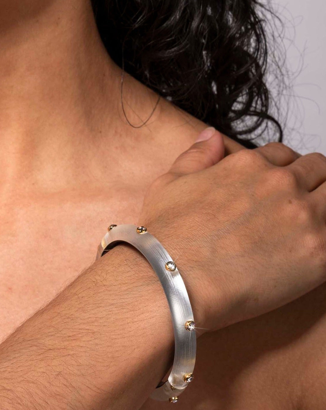 Crystal Studded Lucite Hinge Bracelet - Silver - Photo 2