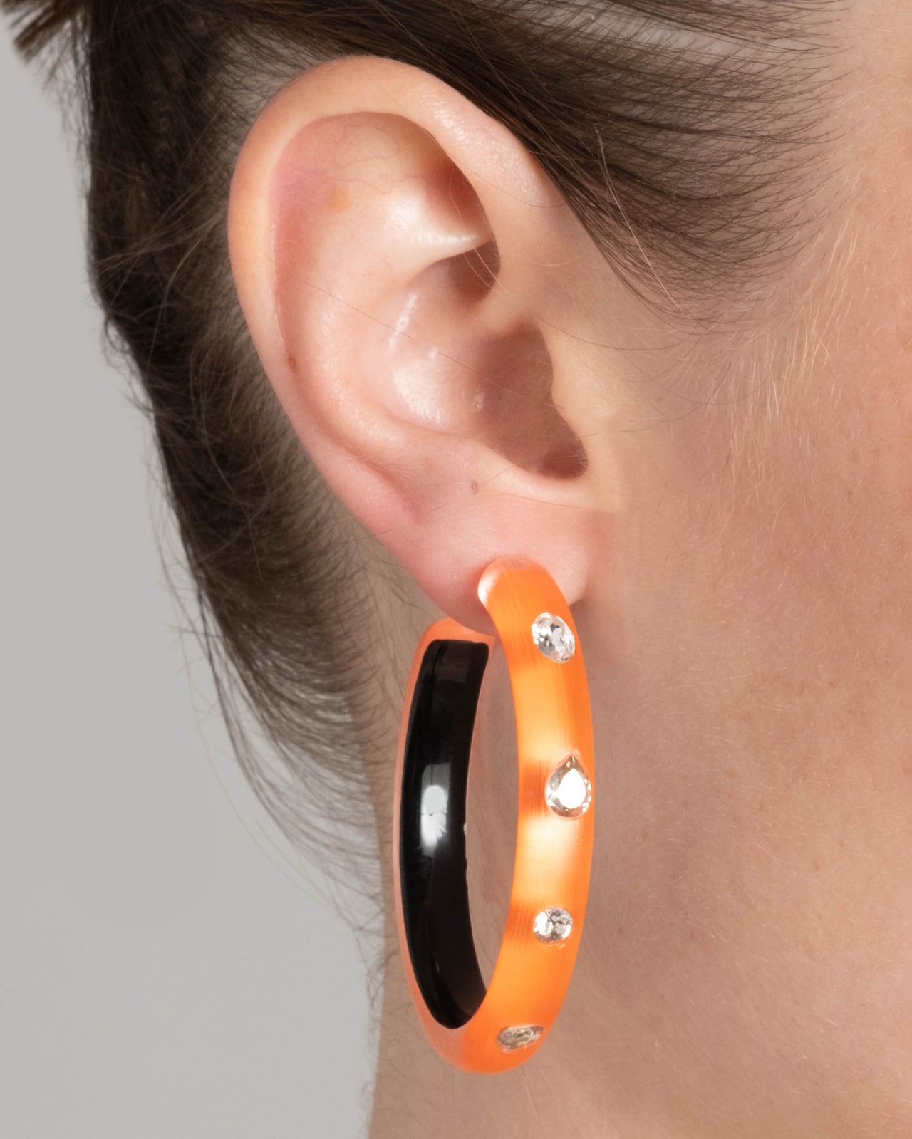 Crystal Studded Lucite Hoop Earring- Neon Orange - Photo 2