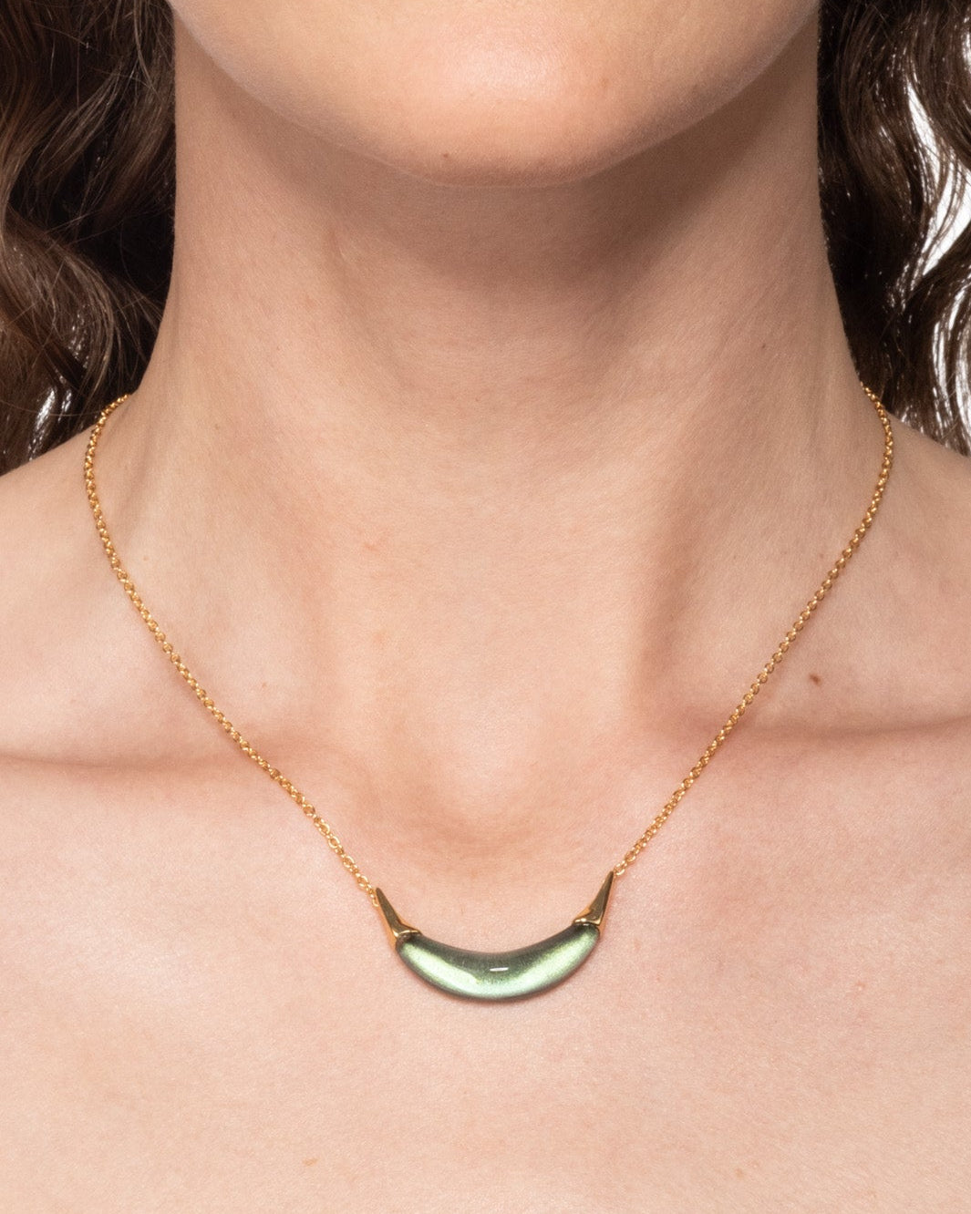 Gold Capped Lucite Crescent Necklace- Scarab Green - Photo 2