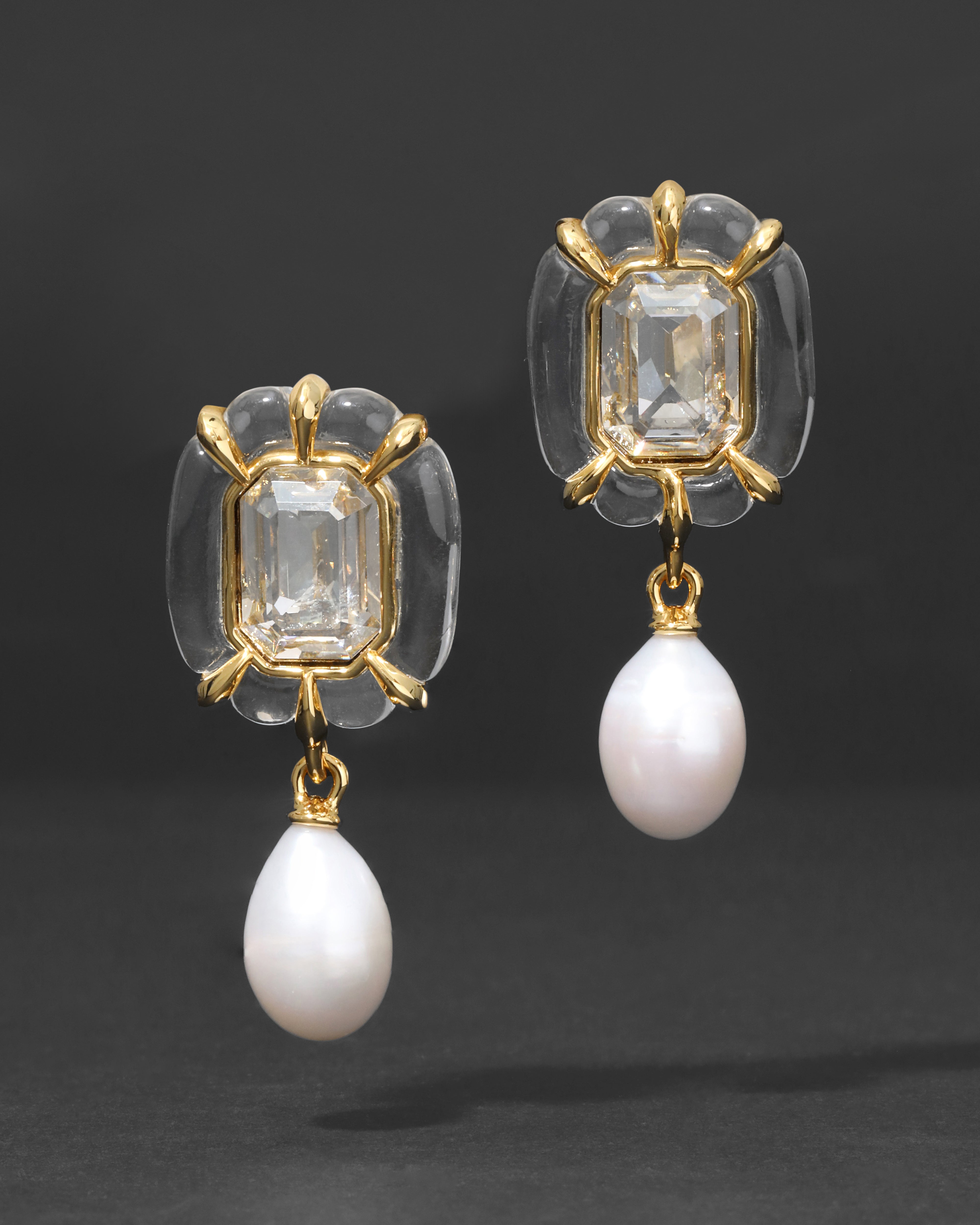 Liquid Lucite Jeweled Freshwater Pearl Drop Earring Clear