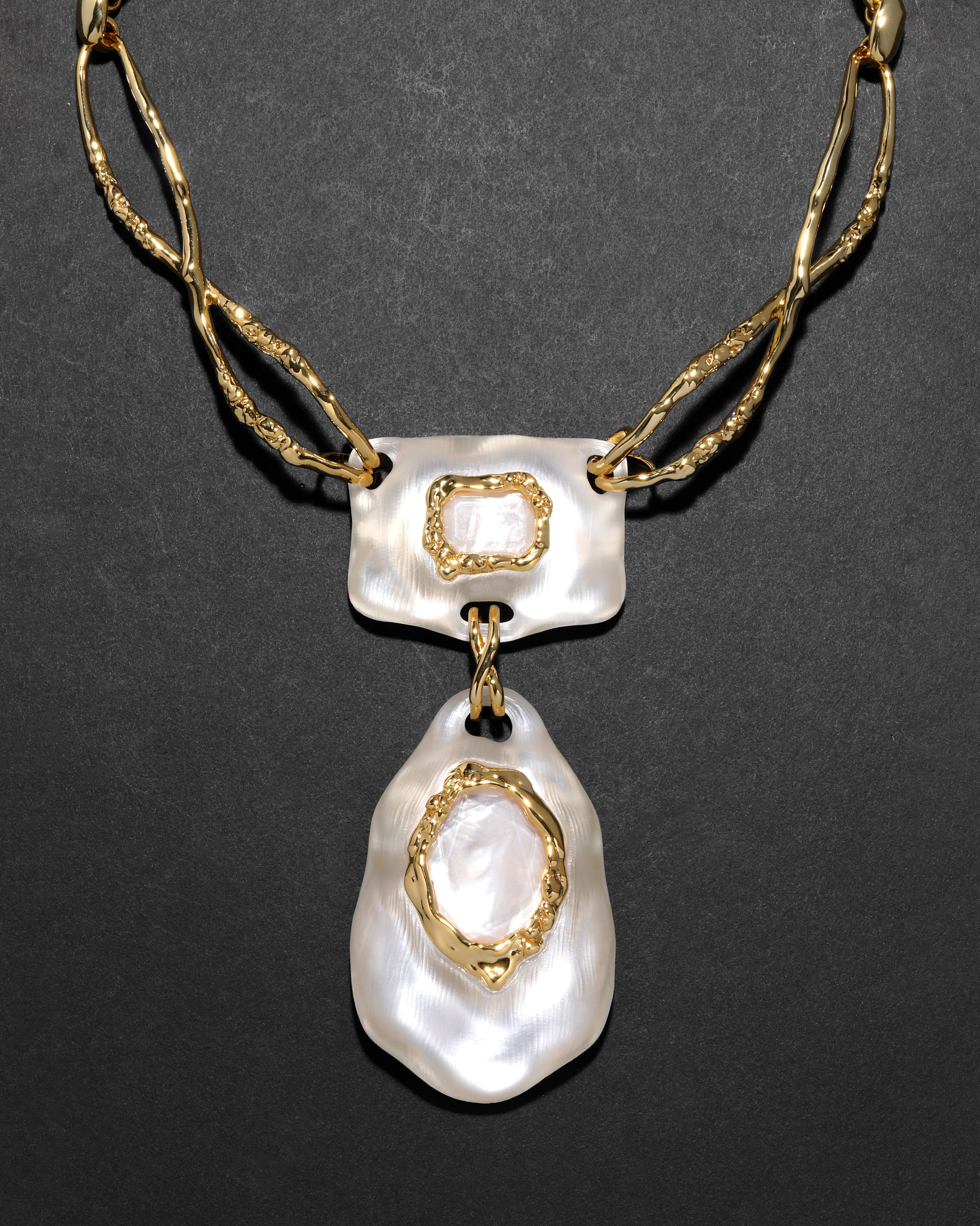 Lucite Brutalist Mother Pearl Doublet Necklace Silver
